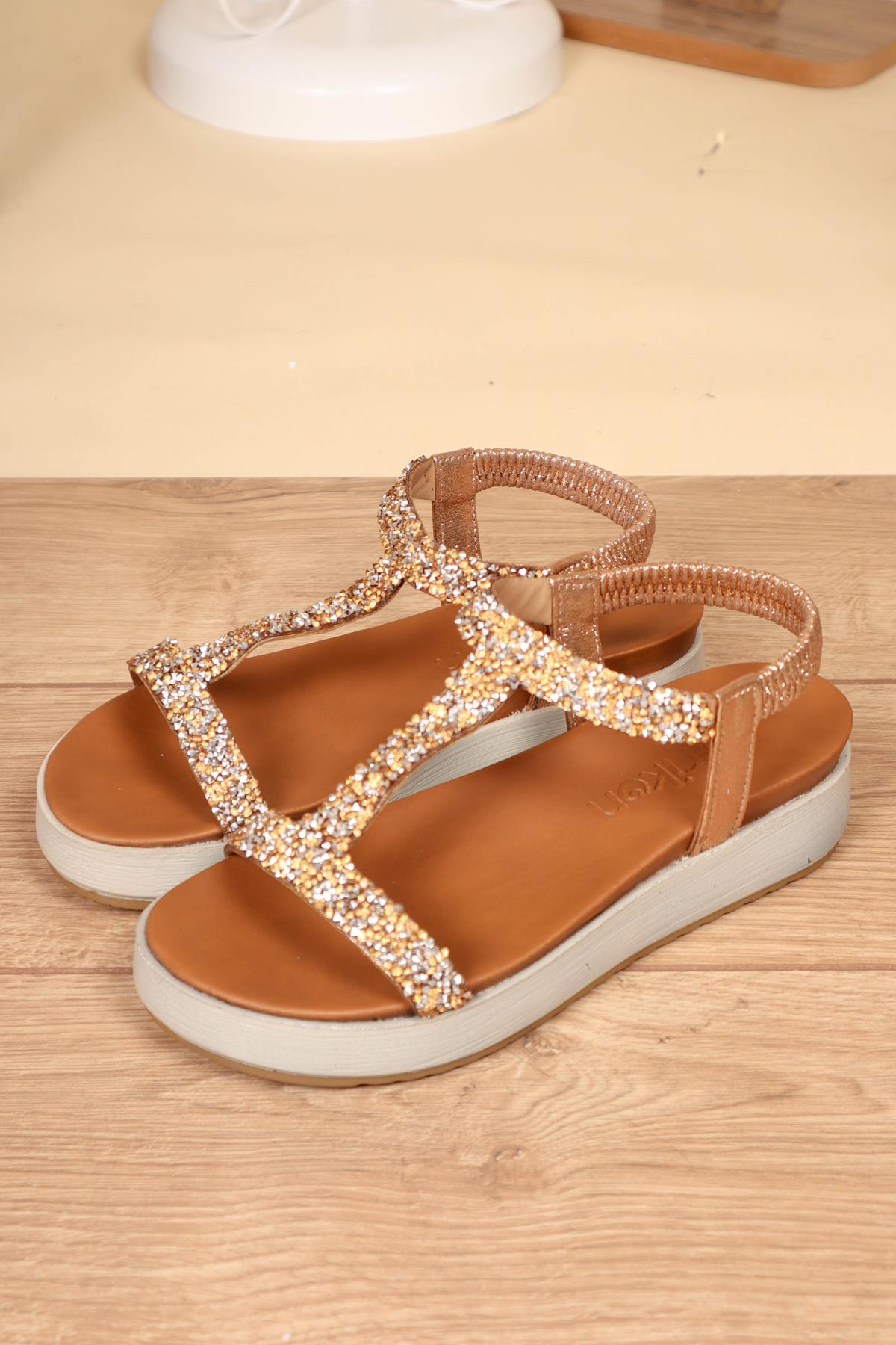 Kırık Taşlı Arkası Lastikli Kalın Taban Sandalet ROSESANDALET