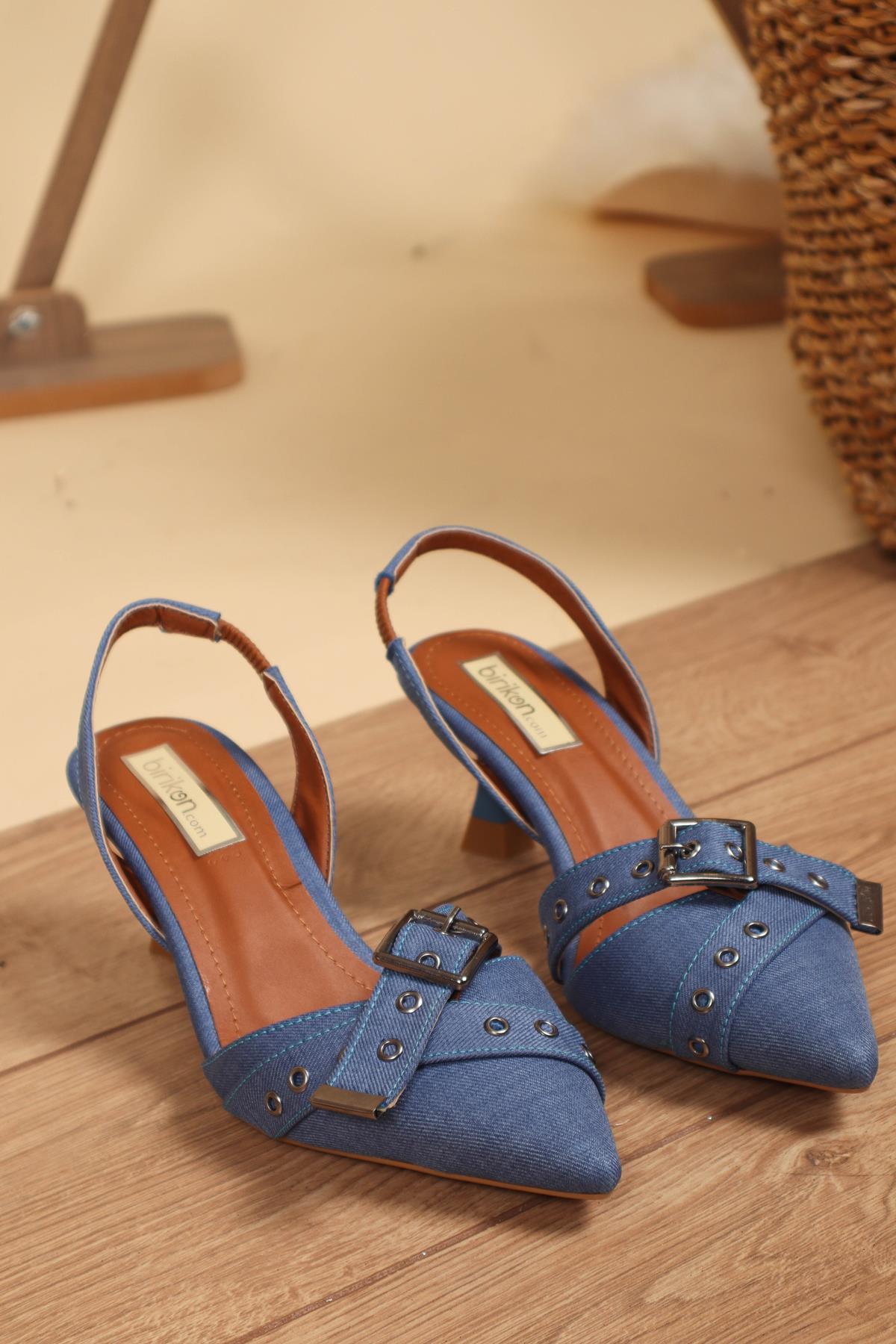 Kuşgözü Kemerli Kot Stiletto MAVİTOPUKLU AYAKKABI