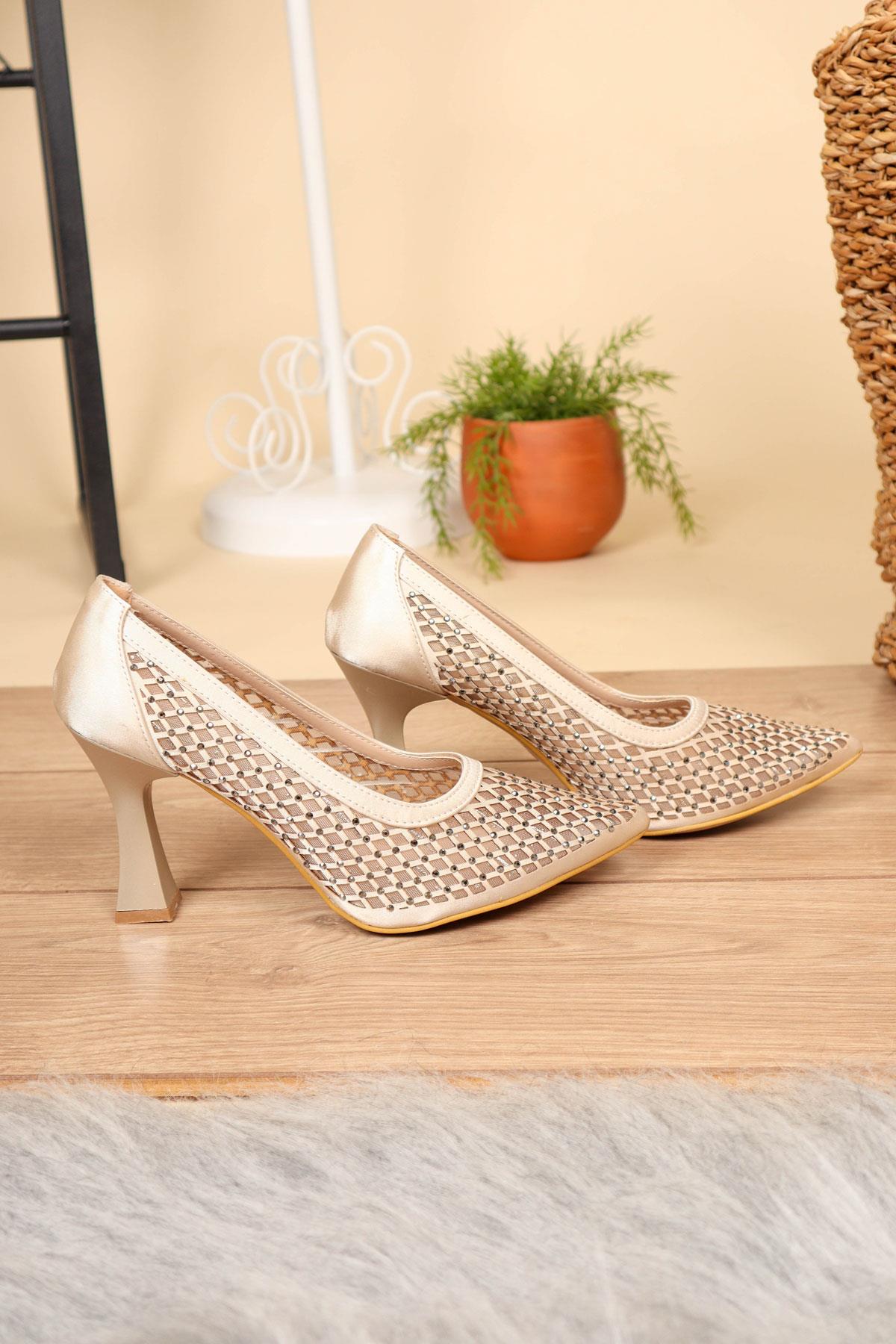Lazer Detaylı Taşlı Saten Stiletto TENTOPUKLU AYAKKABI
