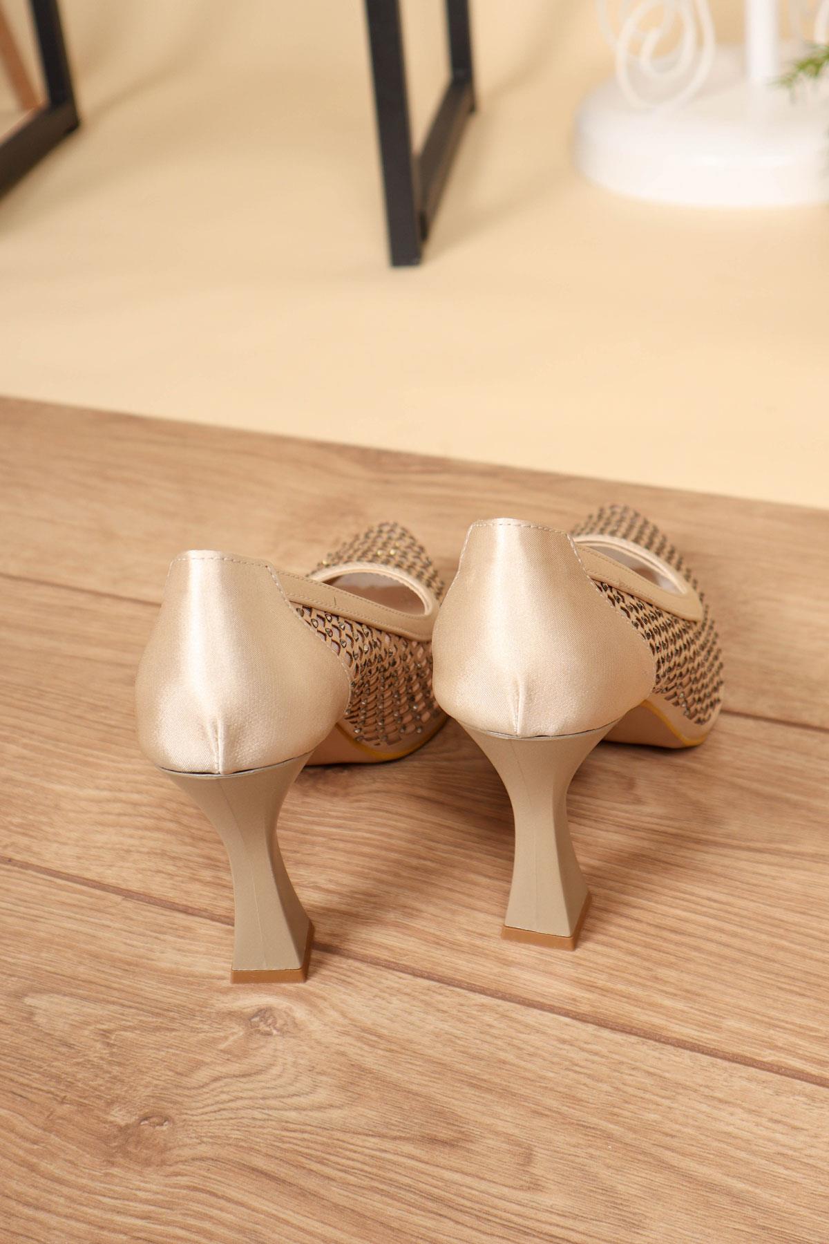 Lazer Detaylı Taşlı Saten Stiletto TENTOPUKLU AYAKKABI