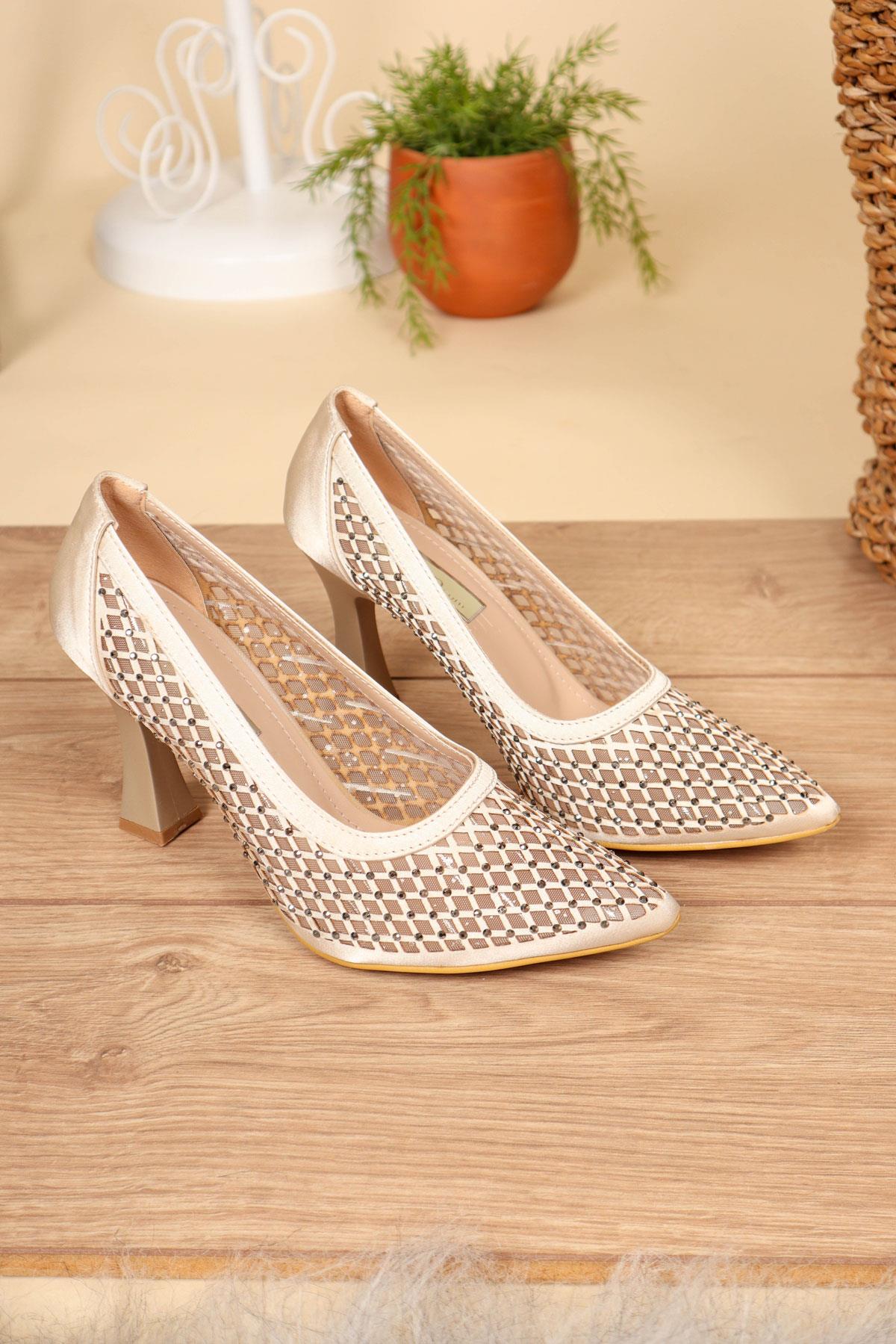 Lazer Detaylı Taşlı Saten Stiletto TENTOPUKLU AYAKKABI