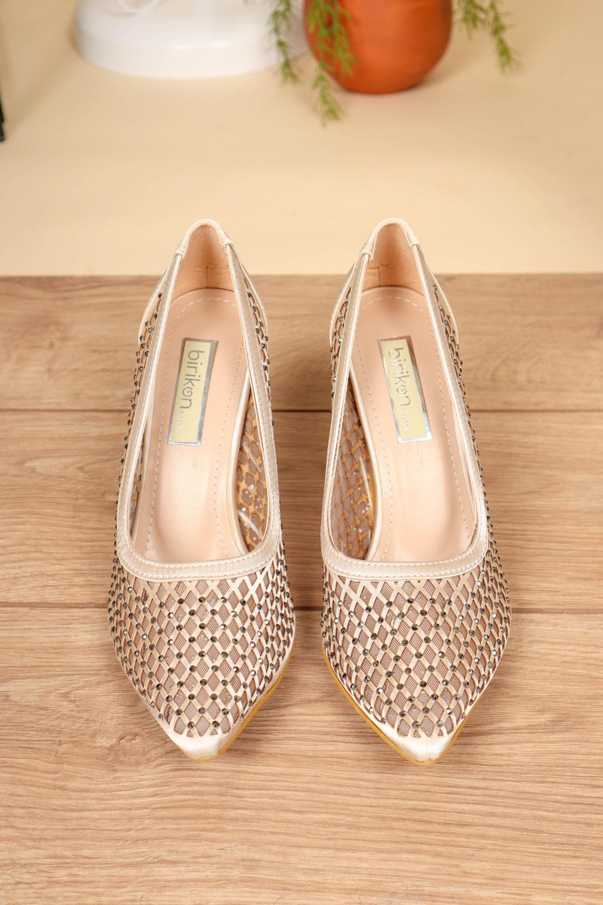 Lazer Detaylı Taşlı Saten Stiletto TENTOPUKLU AYAKKABI