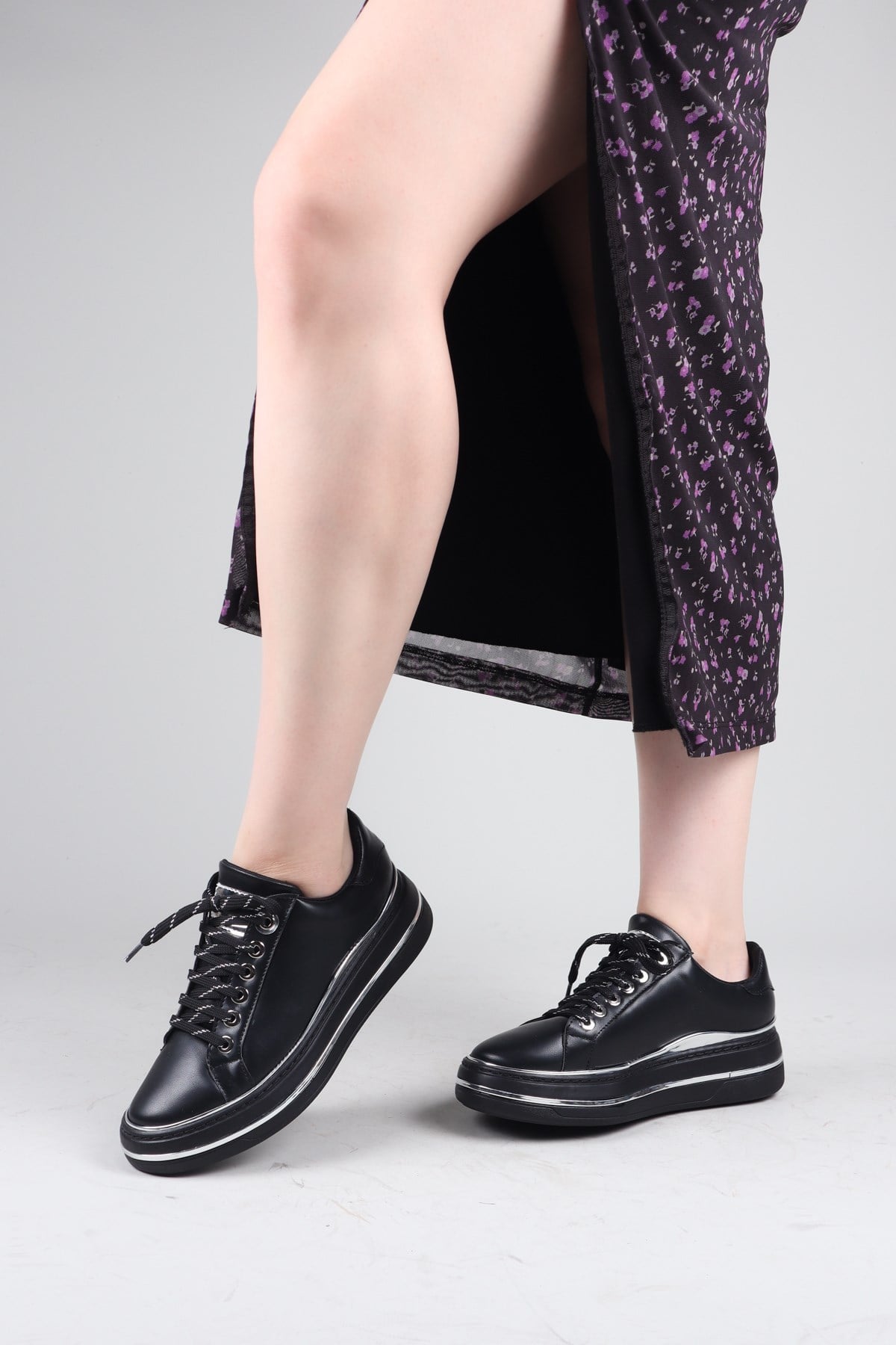 NOUNA Bağcıklı Düz Sneakers SİYAHSPOR AYAKKABI