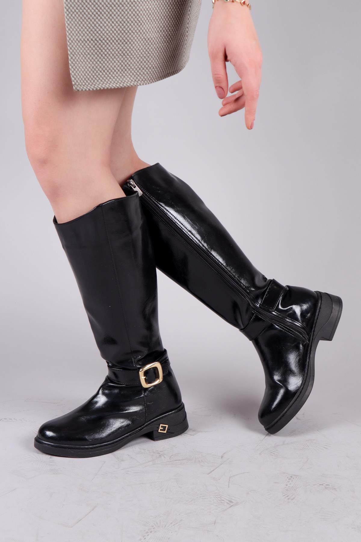 OLABU Gold Tokalı Cilt Düz Çizme SİYAHÇİZME 