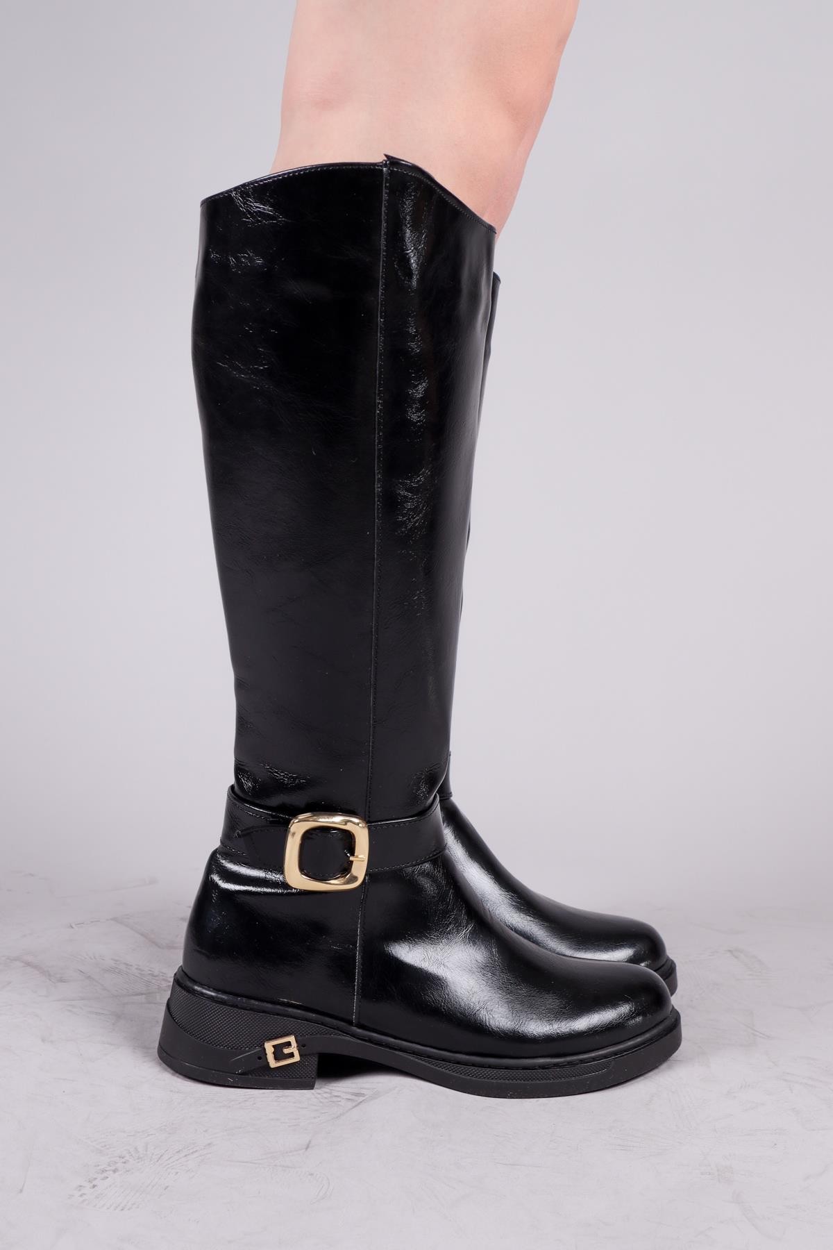 OLABU Gold Tokalı Cilt Düz Çizme SİYAHÇİZME 