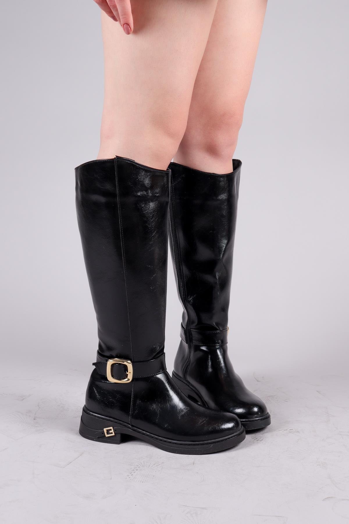 OLABU Gold Tokalı Cilt Düz Çizme SİYAHÇİZME 