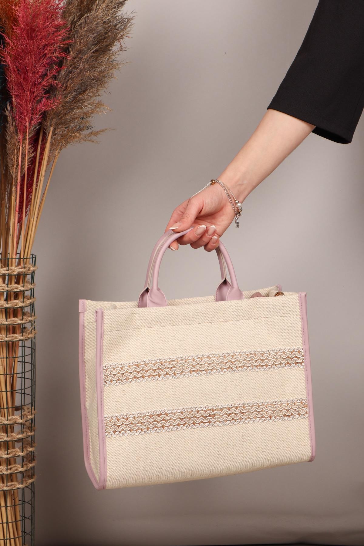 Örgü Detaylı Hasır Çanta LİLAÇANTA