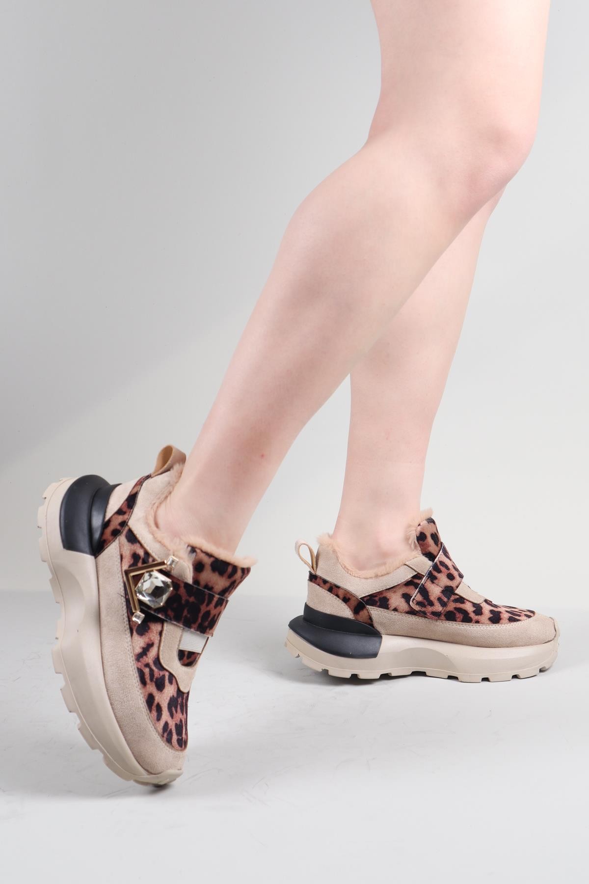 PANKA İçi Kürklü Leopar Desenli Sneakers BEJSPOR AYAKKABI