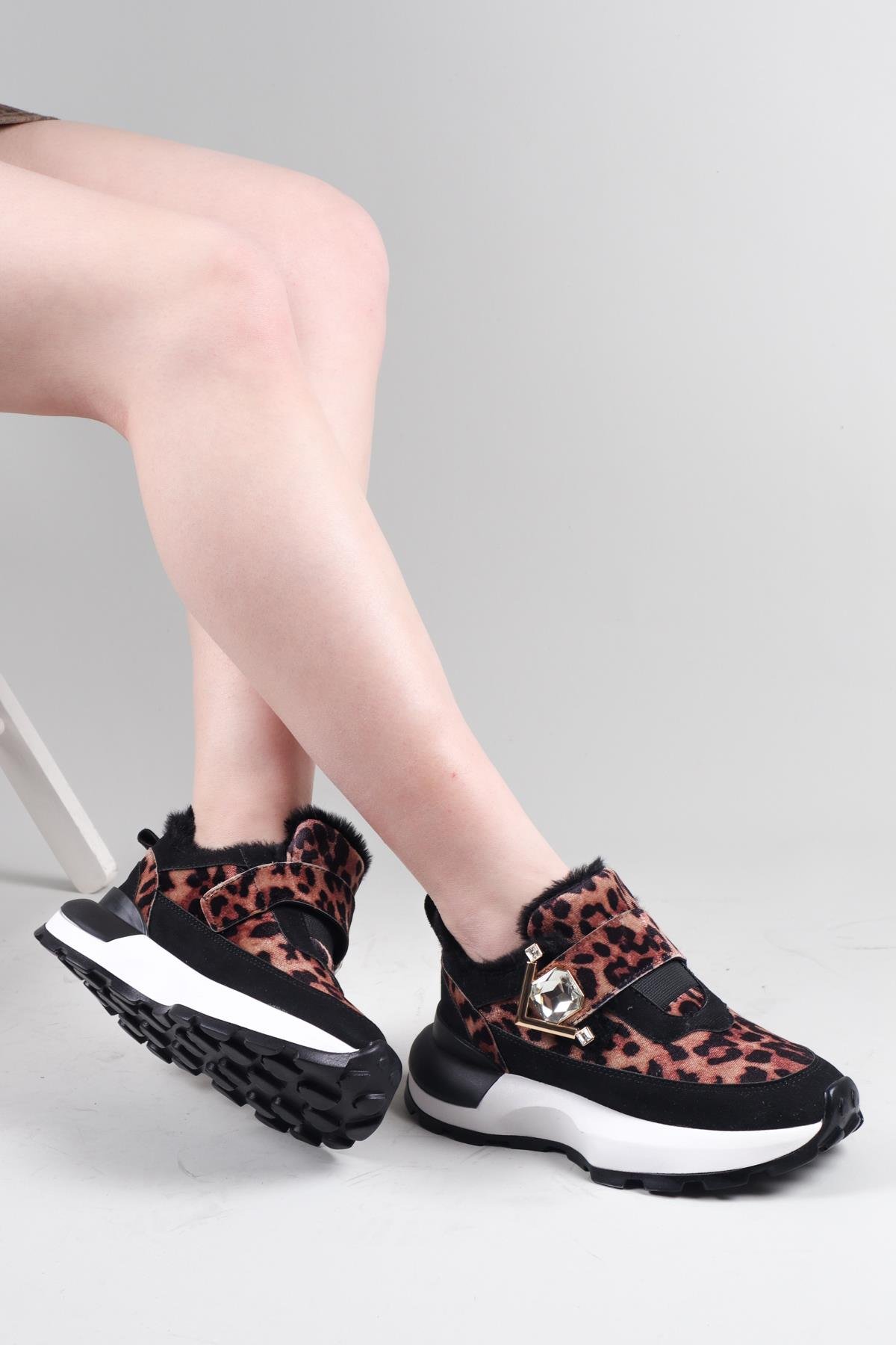 PANKA İçi Kürklü Leopar Desenli Sneakers SİYAHSPOR AYAKKABI