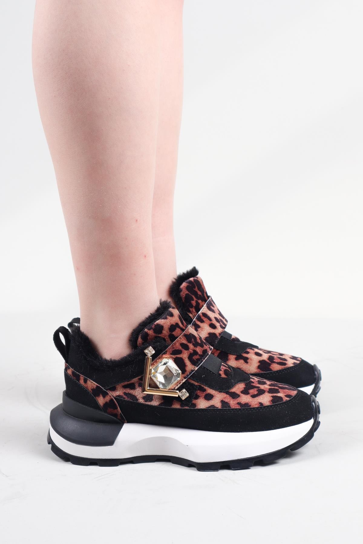 PANKA İçi Kürklü Leopar Desenli Sneakers SİYAHSPOR AYAKKABI