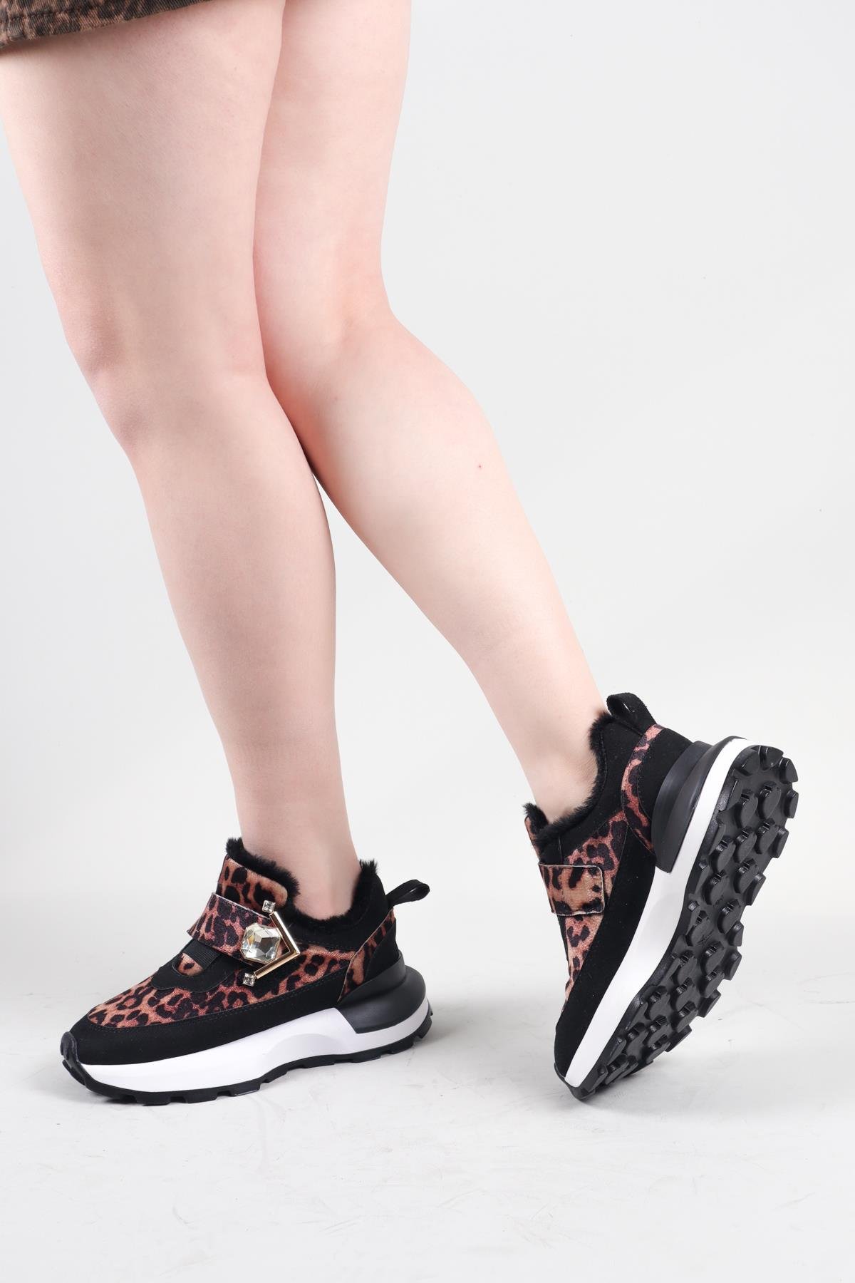 PANKA İçi Kürklü Leopar Desenli Sneakers SİYAHSPOR AYAKKABI