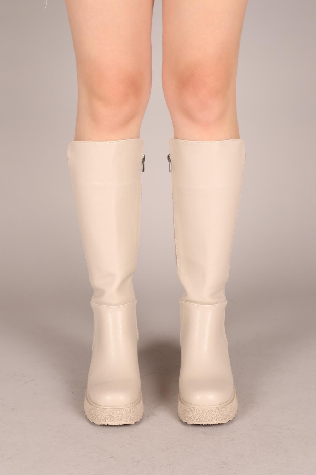 ROZA Kalın Topuk Cilt Çizme BEJÇİZME 