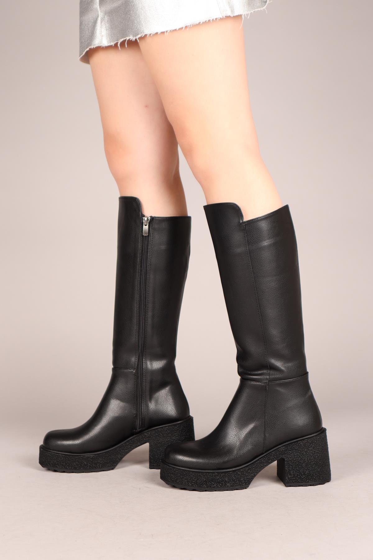 ROZA Kalın Topuk Cilt Çizme SİYAHÇİZME 