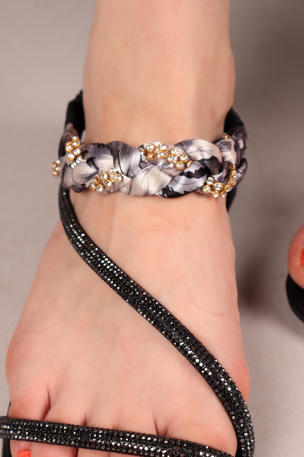 SATİN Saten Örgülü Sandalet SİYAHSANDALET