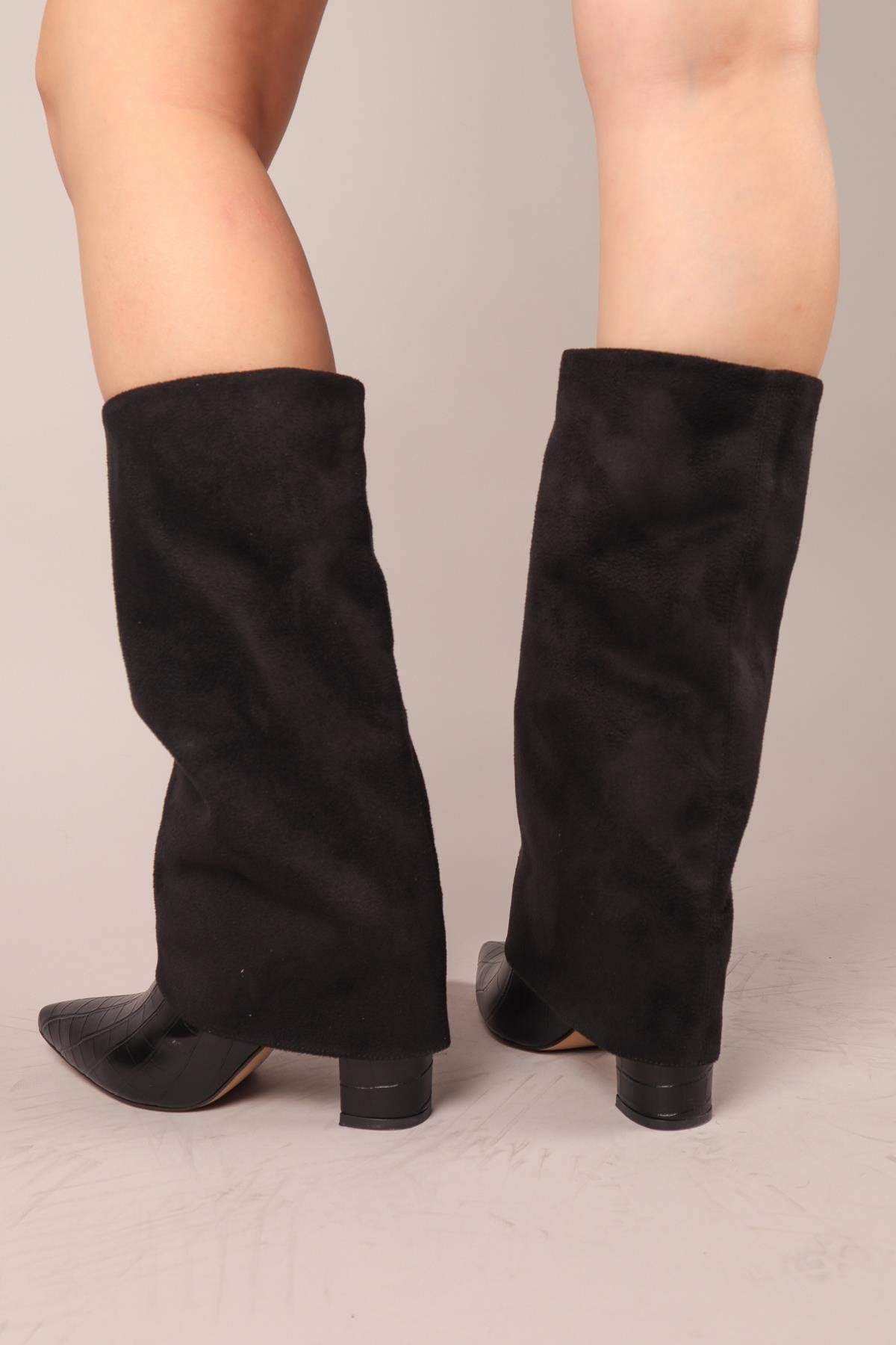 SELORA Süet-Kroko Garnili Topuklu Çizme SİYAHÇİZME 