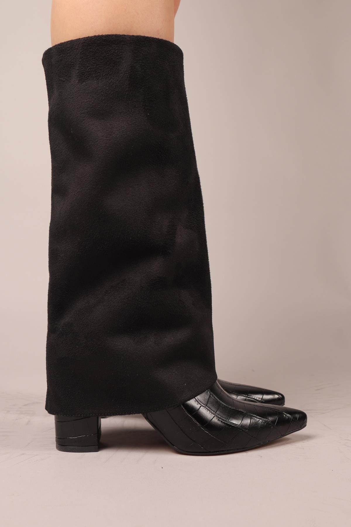 SELORA Süet-Kroko Garnili Topuklu Çizme SİYAHÇİZME 