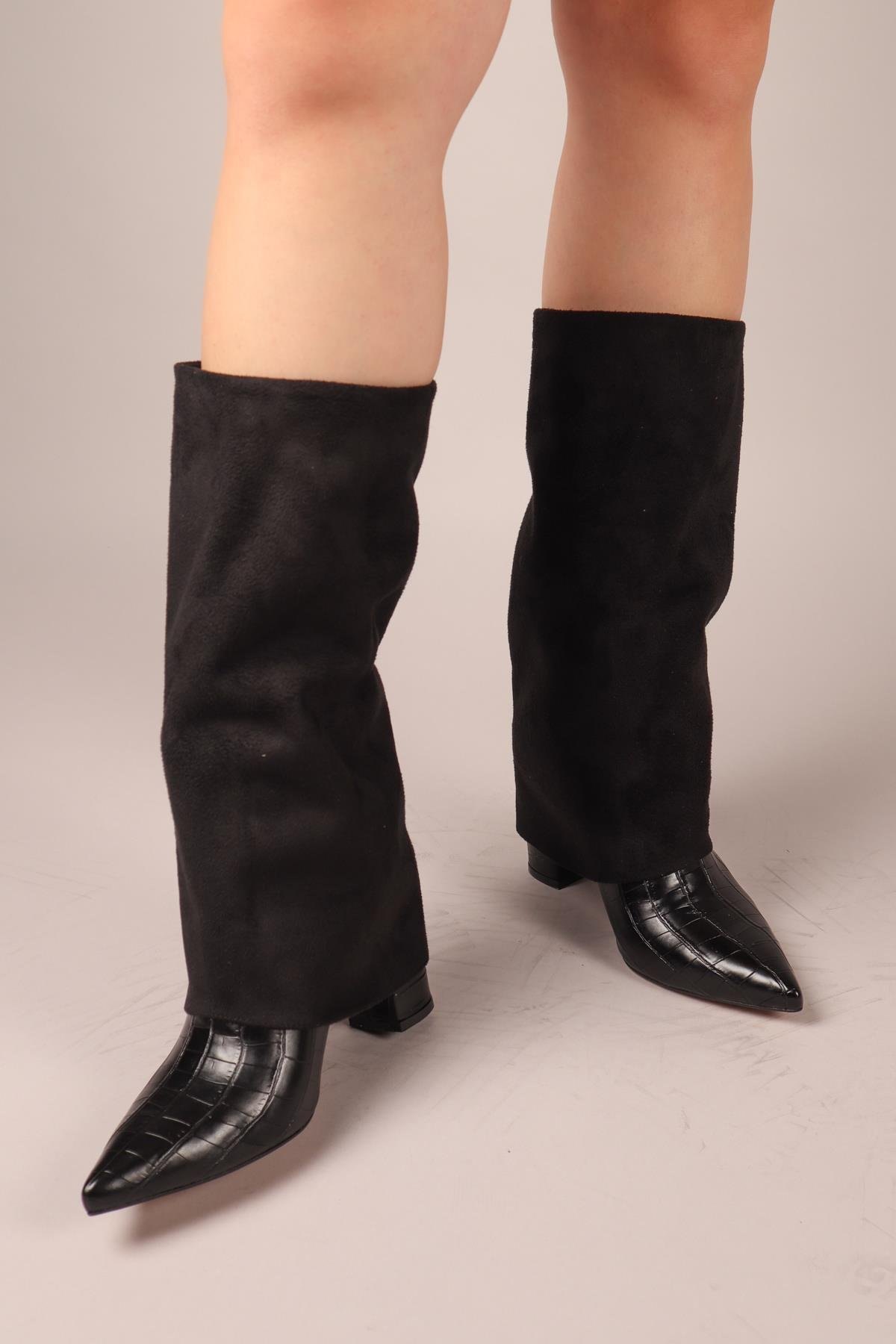 SELORA Süet-Kroko Garnili Topuklu Çizme SİYAHÇİZME 