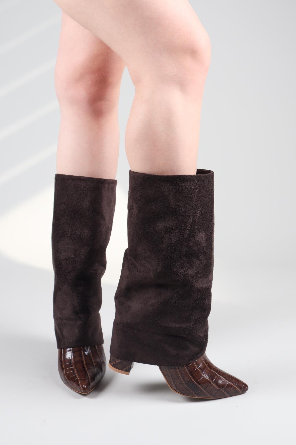 SELORA Süet-Kroko Garnili Topuklu Çizme KAHVERENGİÇİZME 