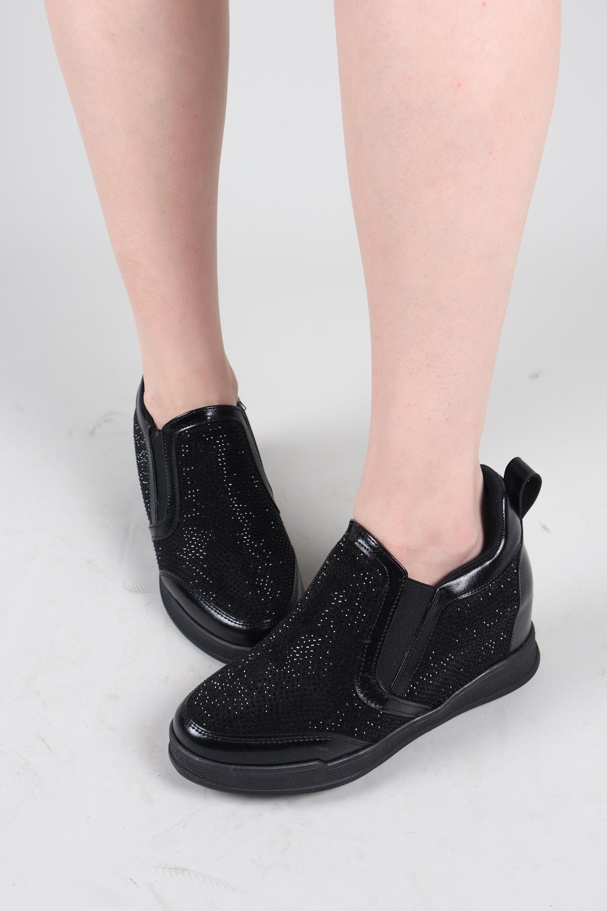 SİTRAH Süet-Cilt Garnili Taşlı Gizli Dolgu Sneakers SİYAHSPOR AYAKKABI