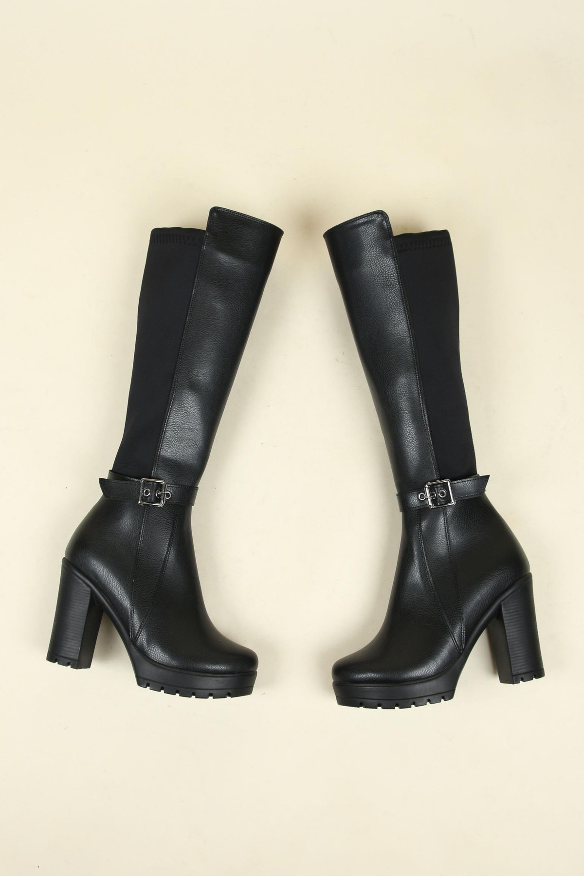 Strech Garnili Tokalı Topuklu Çizme SİYAHÇİZME 