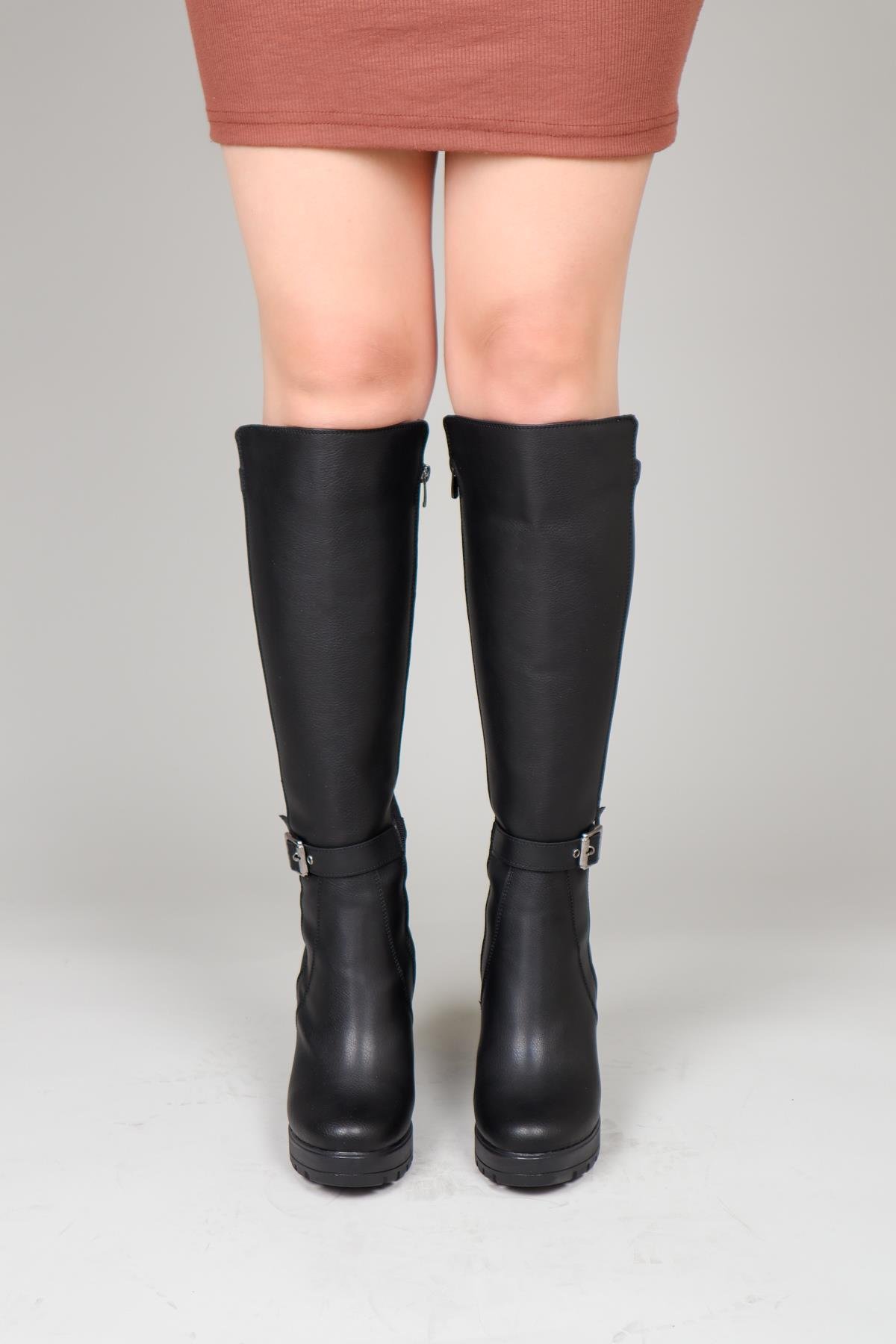 Strech Garnili Tokalı Topuklu Çizme SİYAHÇİZME 