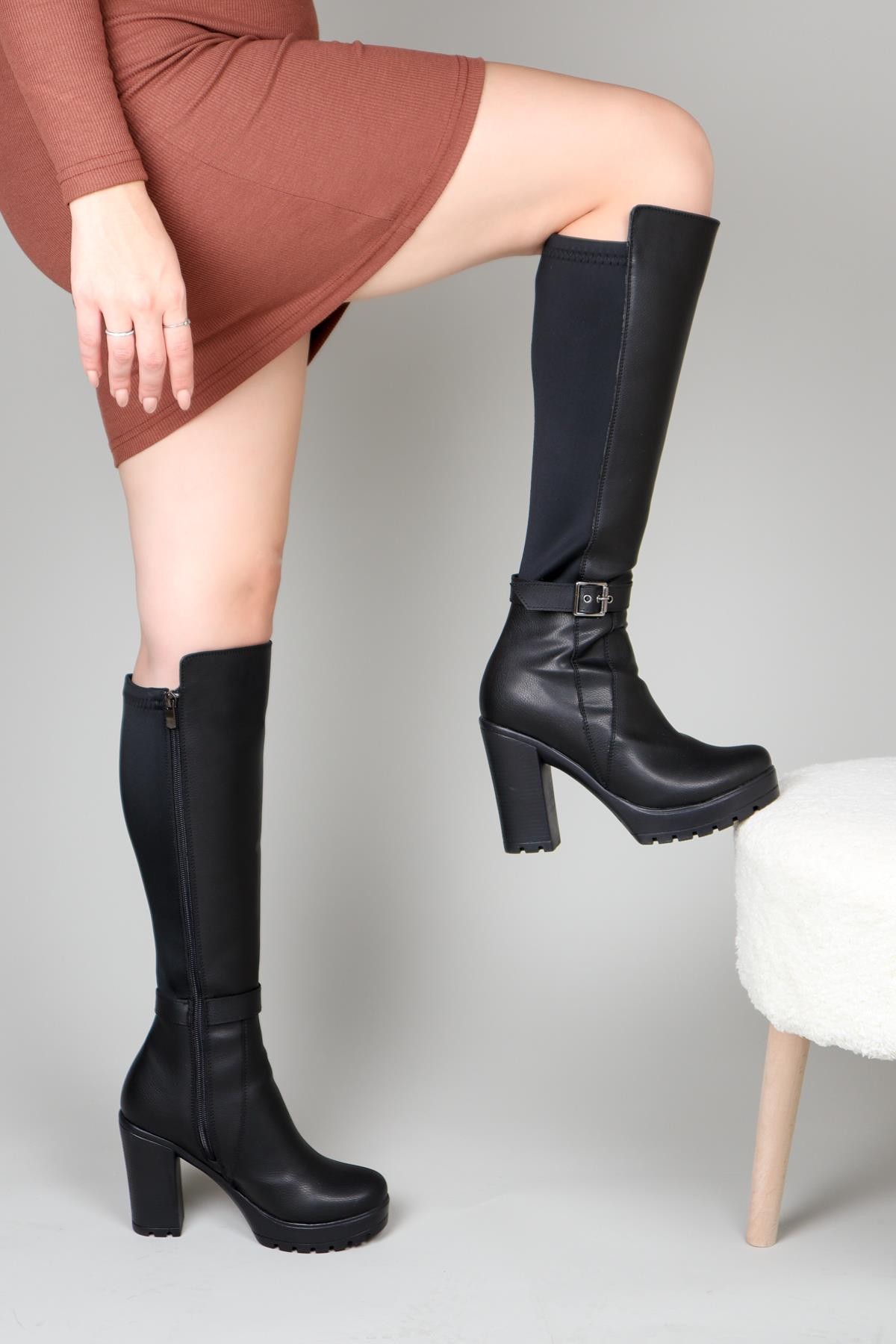 Strech Garnili Tokalı Topuklu Çizme SİYAHÇİZME 