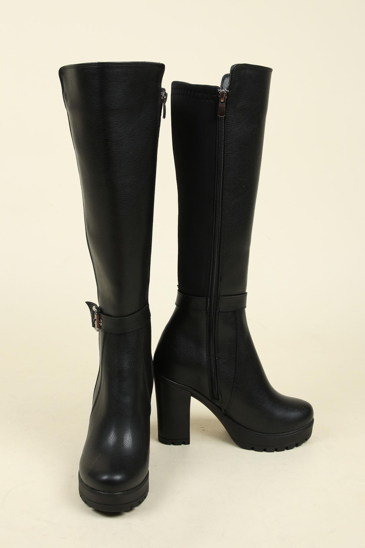 Strech Garnili Tokalı Topuklu Çizme SİYAHÇİZME 