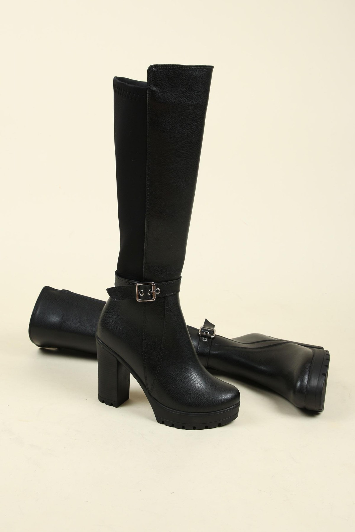 Strech Garnili Tokalı Topuklu Çizme SİYAHÇİZME 