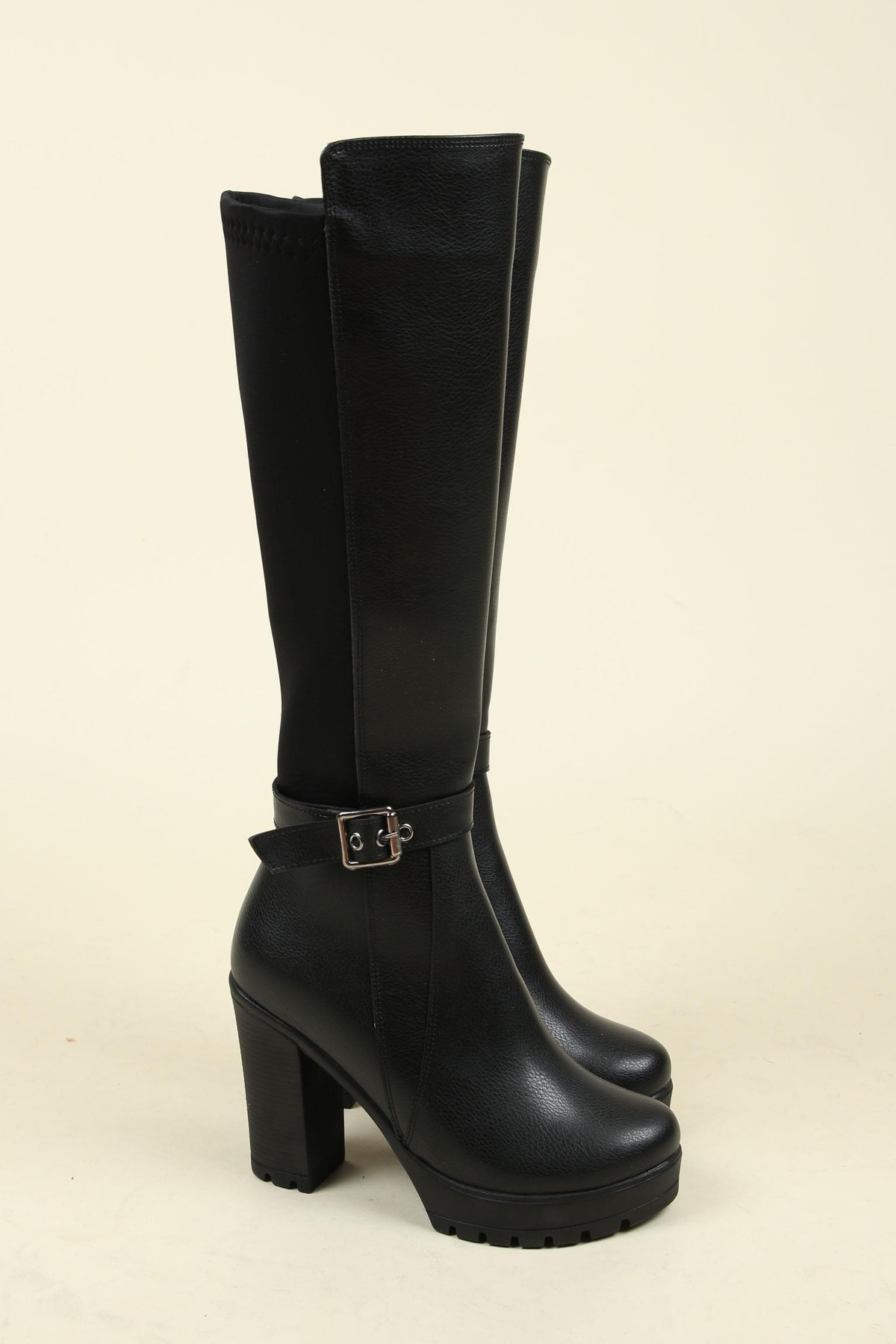 Strech Garnili Tokalı Topuklu Çizme SİYAHÇİZME 