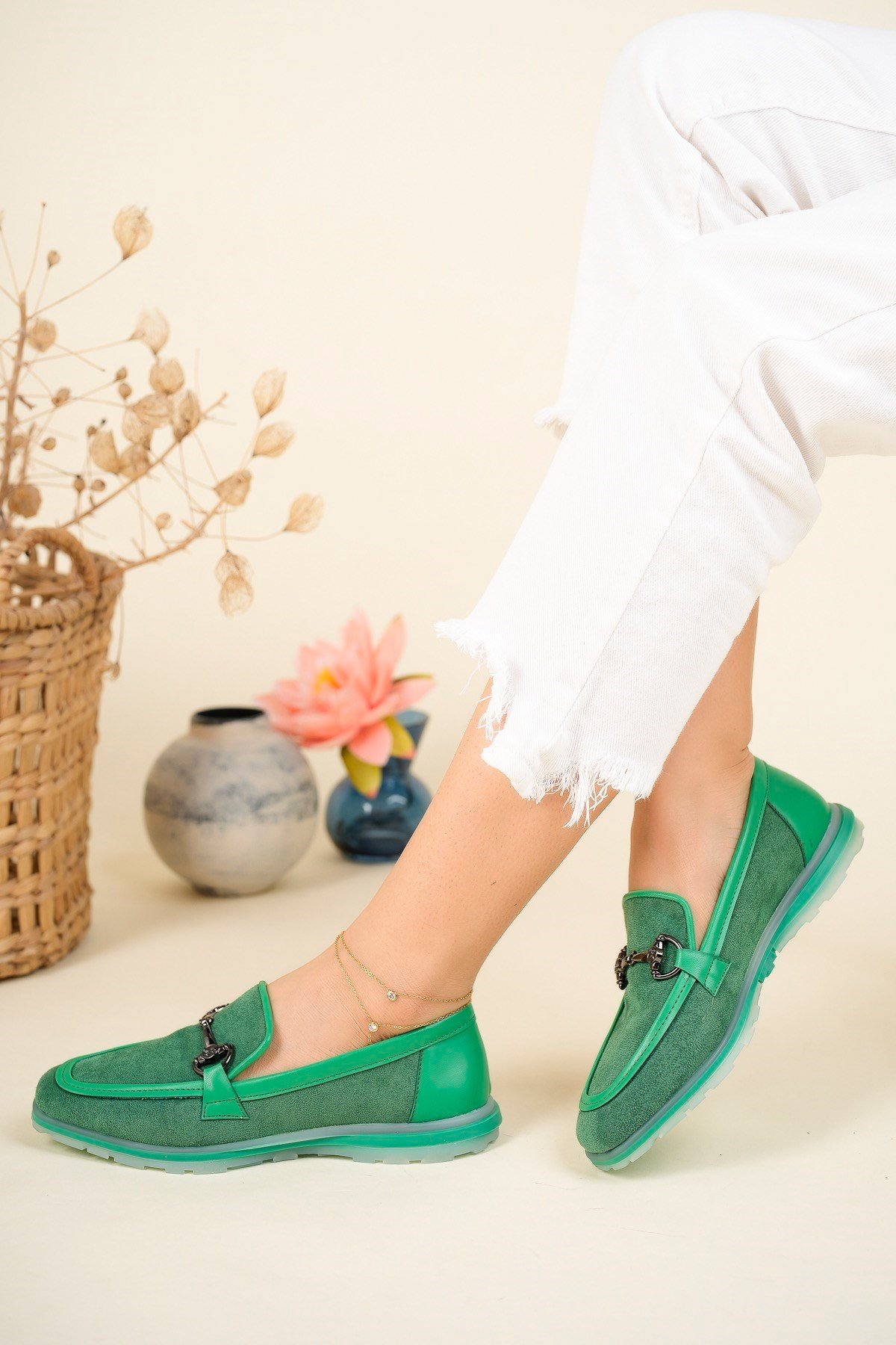 Tokalı Süet-Cilt Loafer YEŞİLBABET