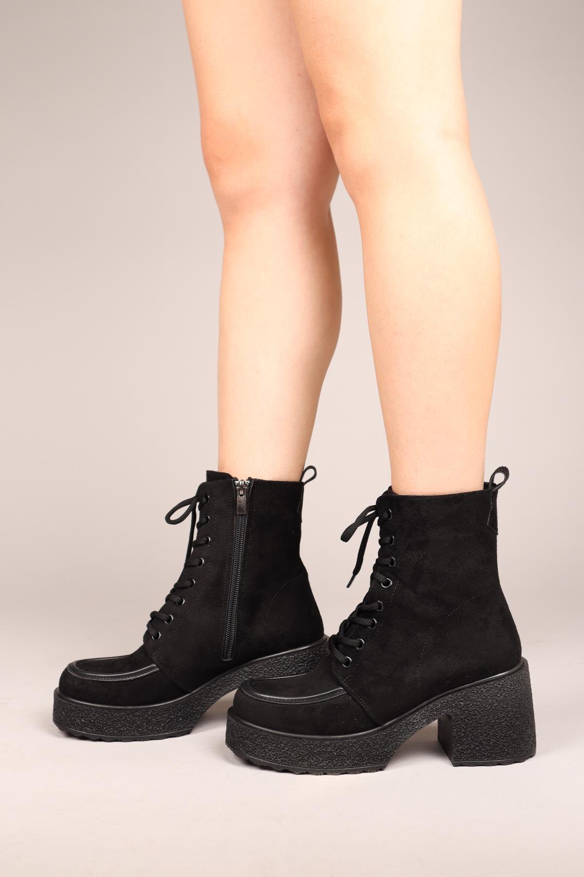 TULLIA Bağcıklı Süet Topuklu Kadın Bot SİYAHBOT