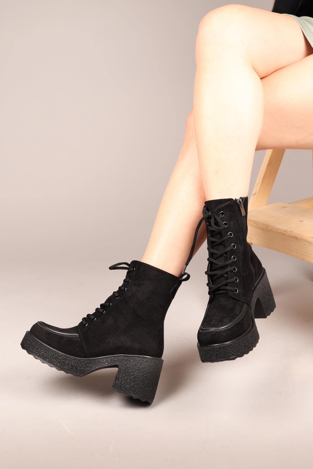 TULLIA Bağcıklı Süet Topuklu Kadın Bot SİYAHBOT