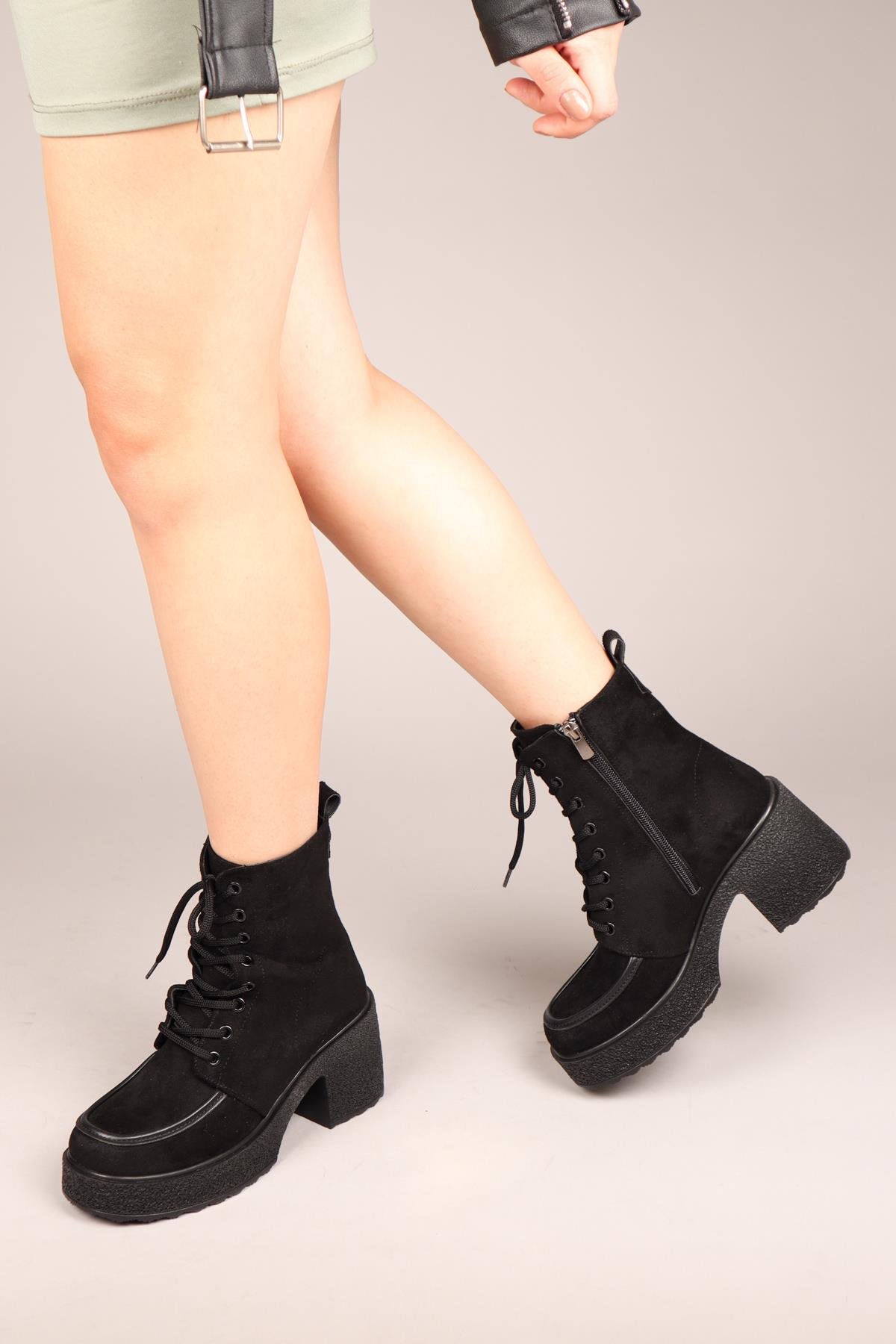 TULLIA Bağcıklı Süet Topuklu Kadın Bot SİYAHBOT