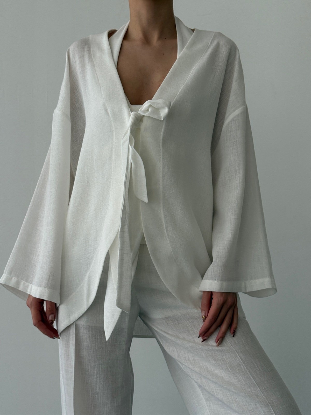 Quzu Bağlama Detaylı Kimono Ekru