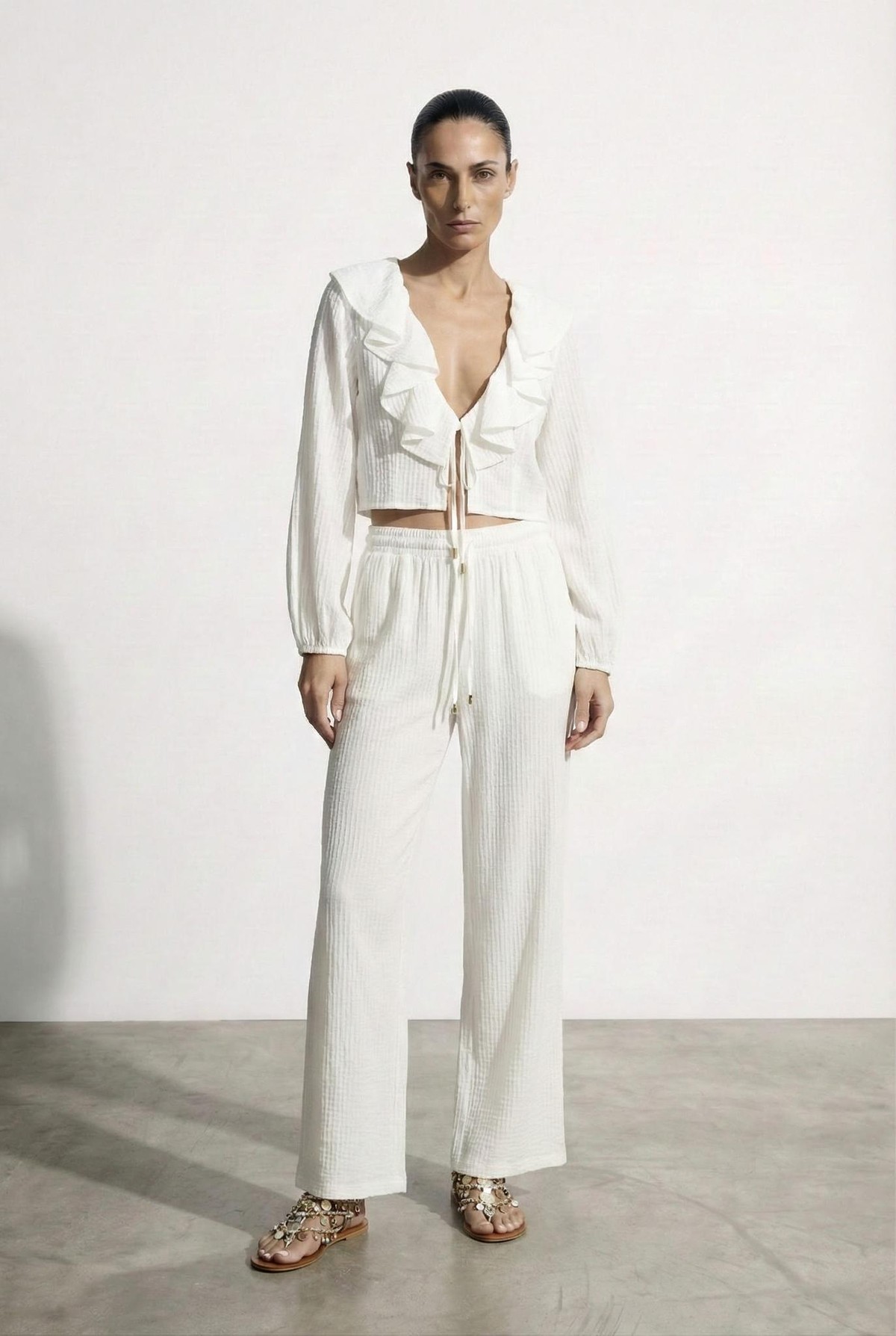 Quzu Bağlama Detaylı Pantolon Ekru