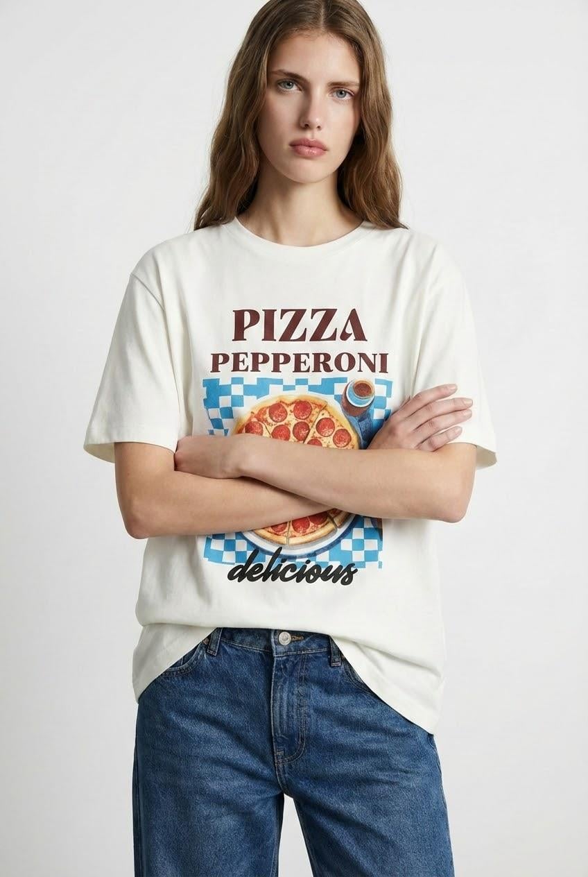 Quzu Baskı Detaylı Kısa Kollu T-shirt Ekru