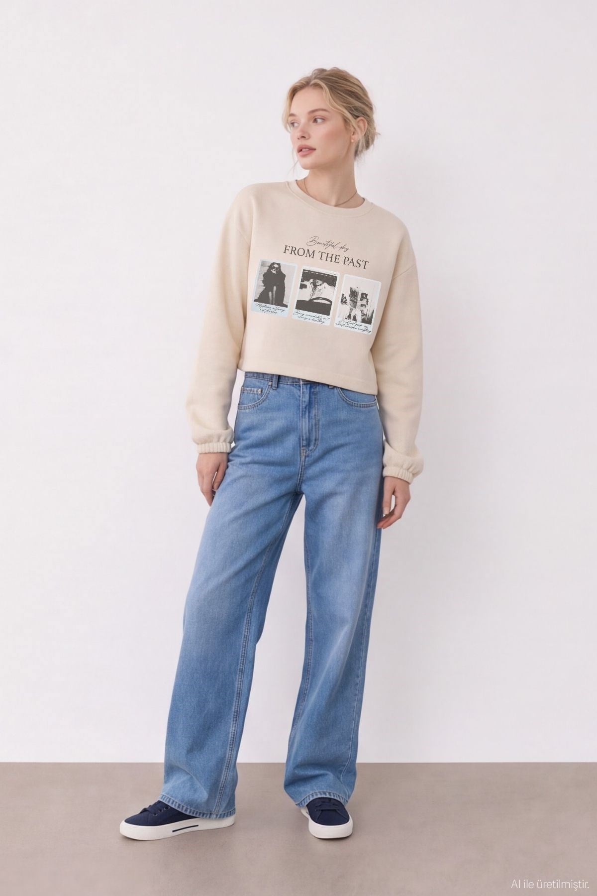 Quzu Baskı Detaylı Sweatshirt Bej