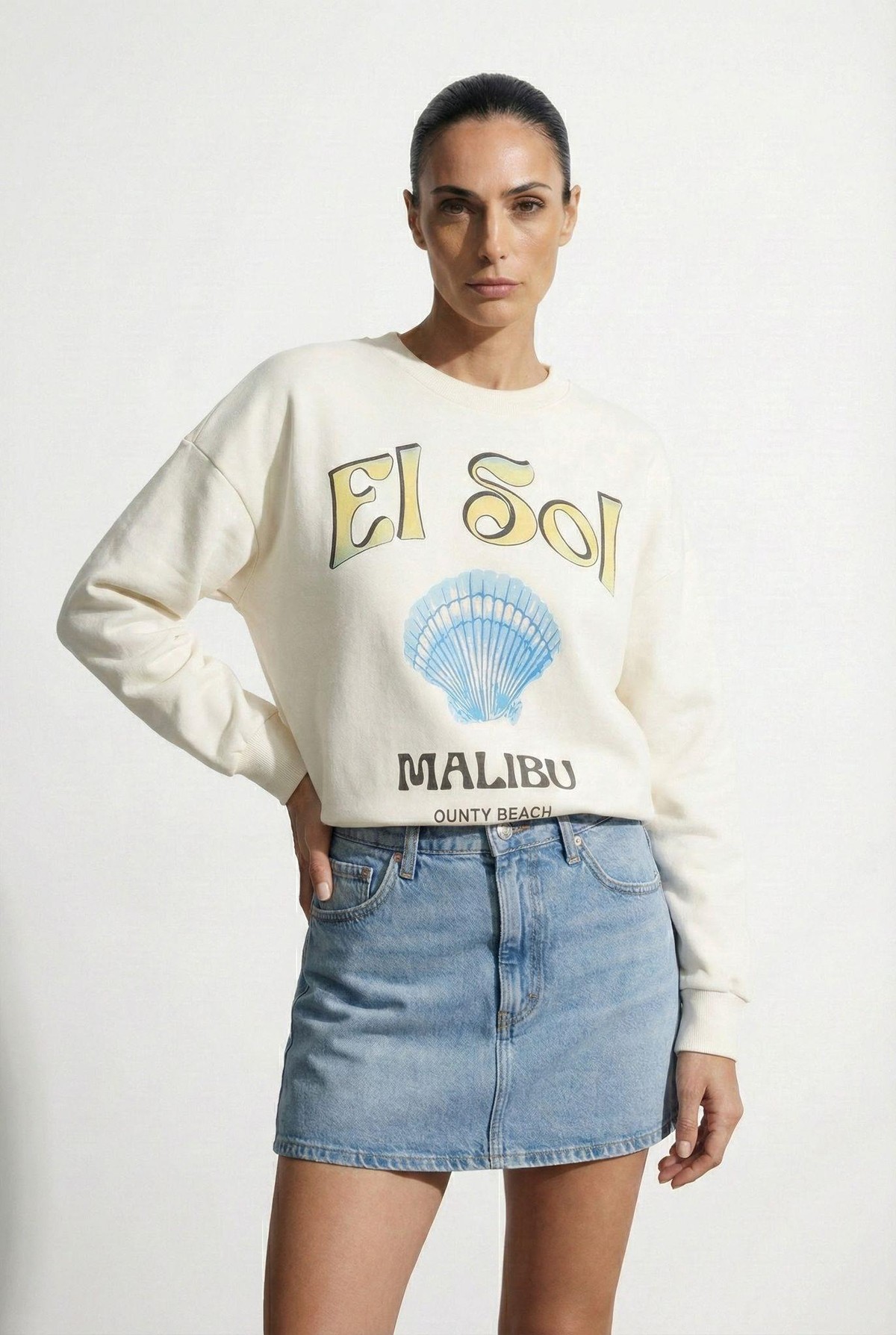 Quzu Baskı Detaylı Sweatshirt Ekru