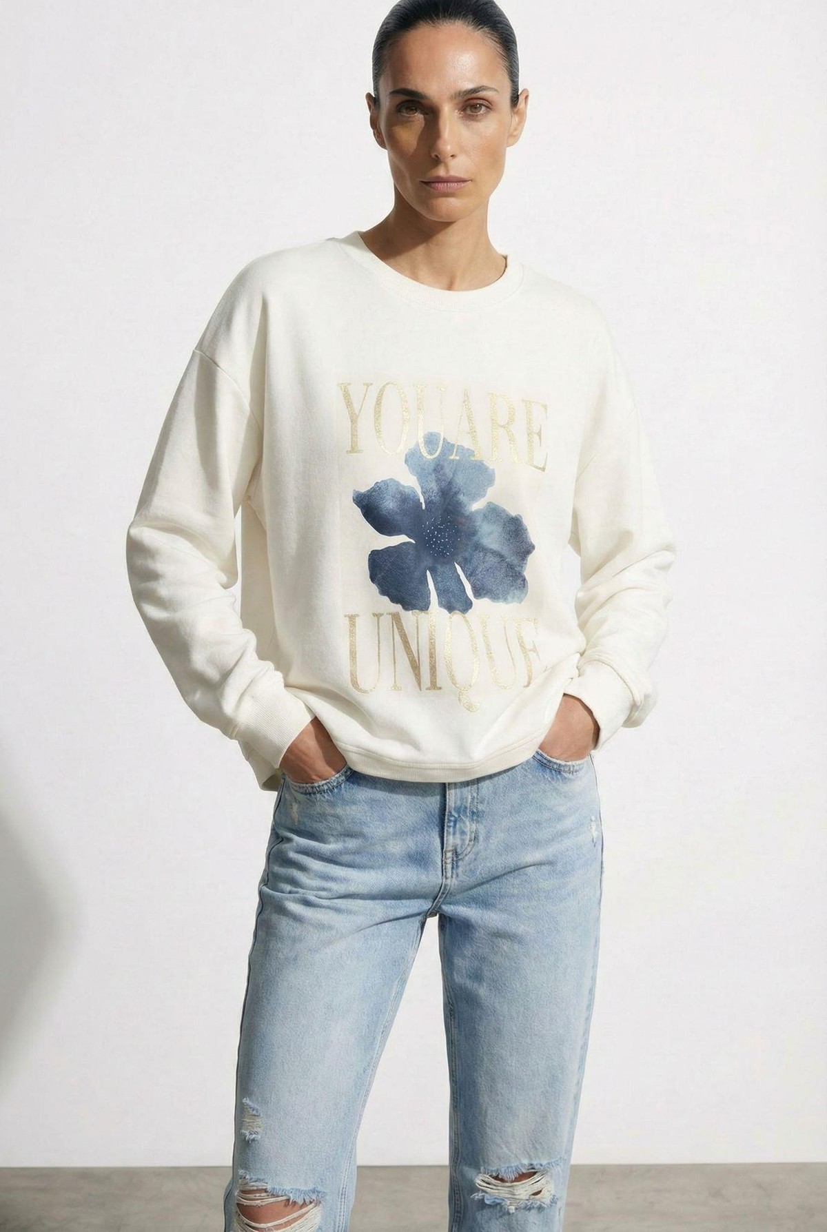 Quzu Baskı Detaylı Sweatshirt Ekru