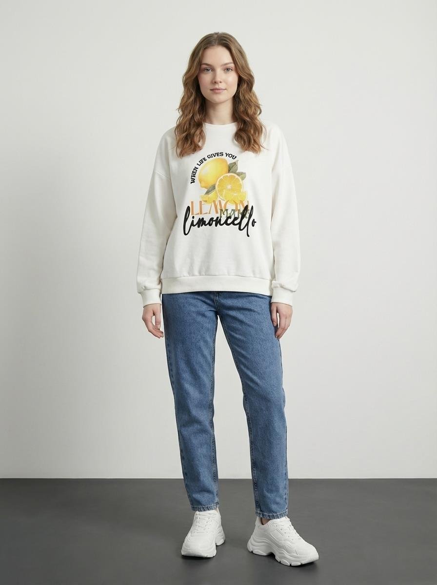 Quzu Baskı Detaylı Sweatshirt Ekru