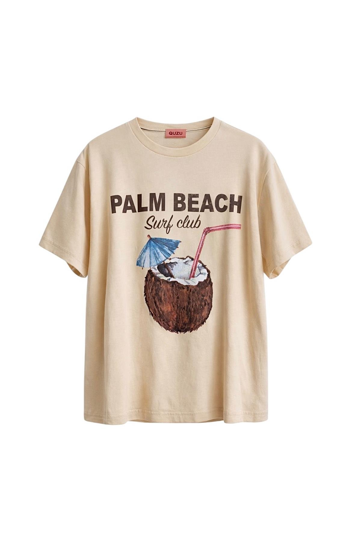 Quzu Baskı Detaylı T-shirt Bej