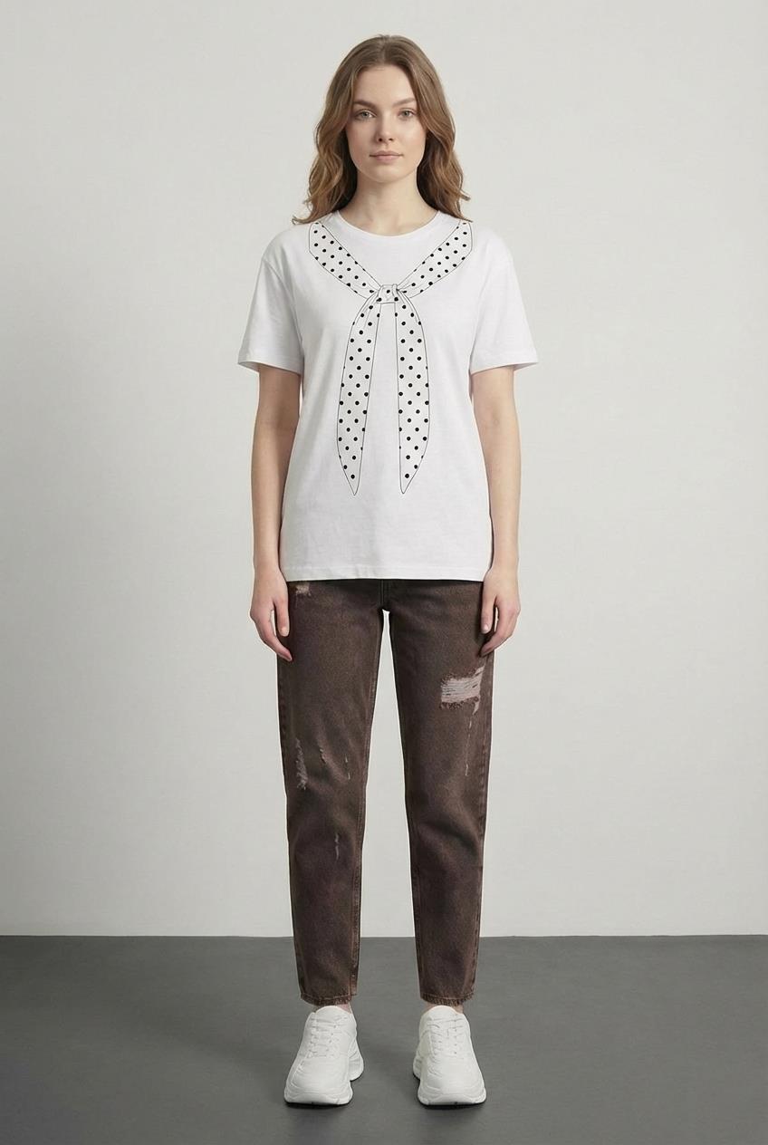 Quzu Baskı Detaylı T-shirt Ekru