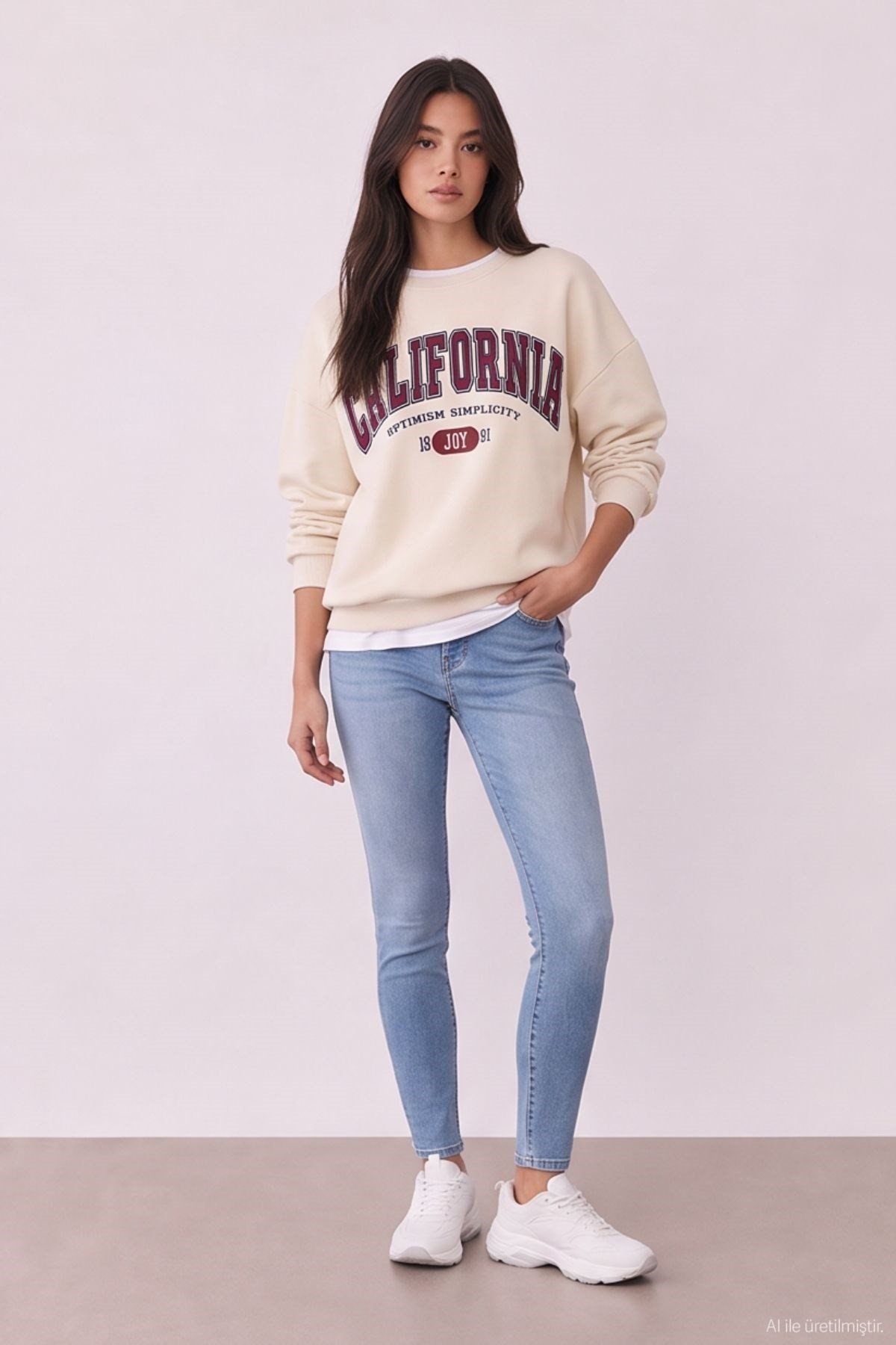 Quzu Baskı Nakış Detaylı Sweatshirt Bej
