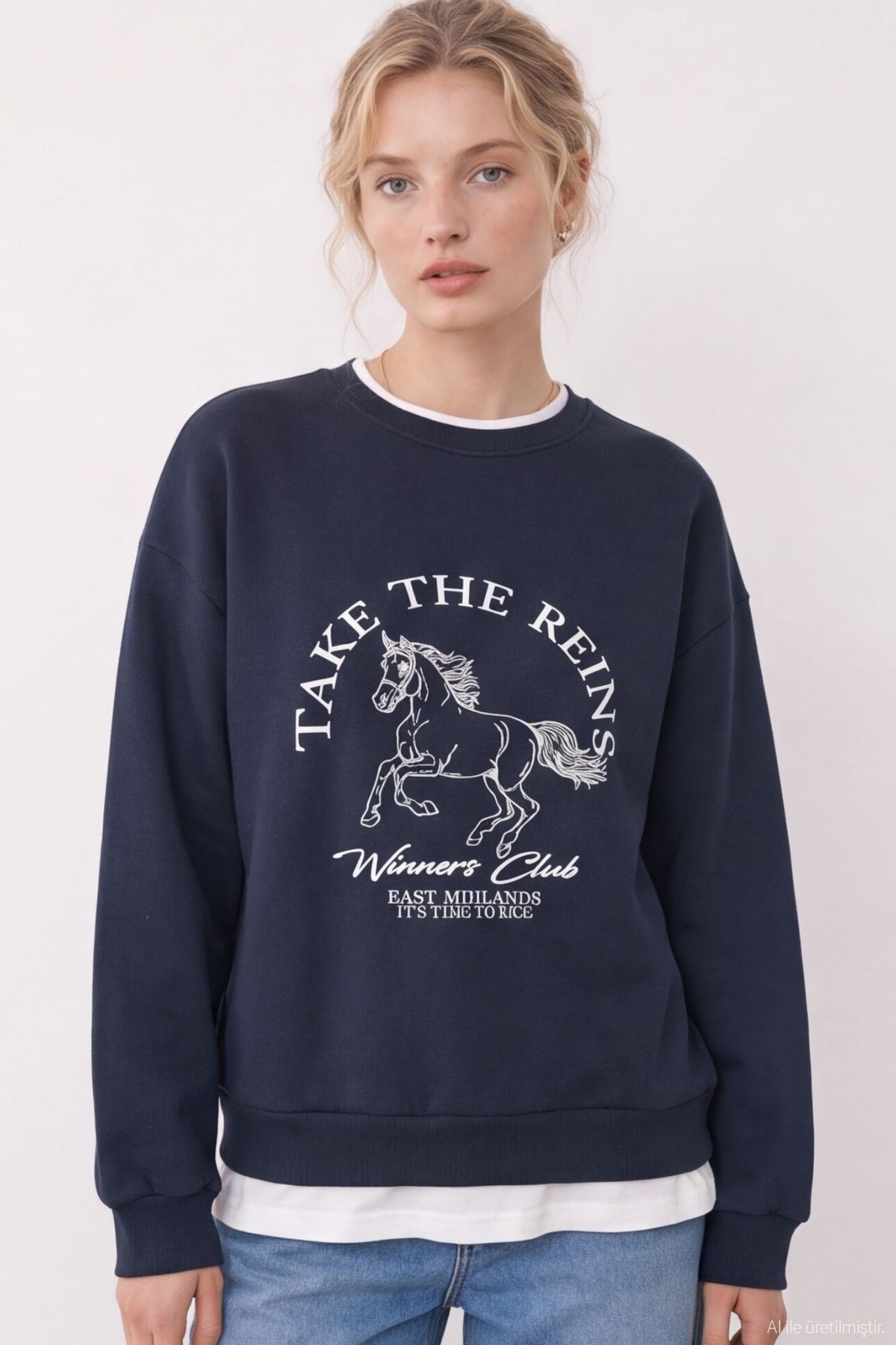 Quzu Baskı Nakış Detaylı Sweatshirt Lacivert