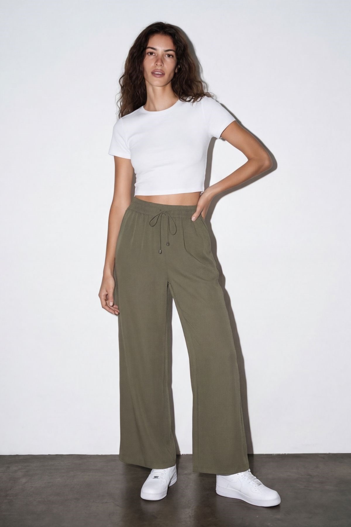 Quzu Beli Lastikli Bol Paça Pantolon Haki