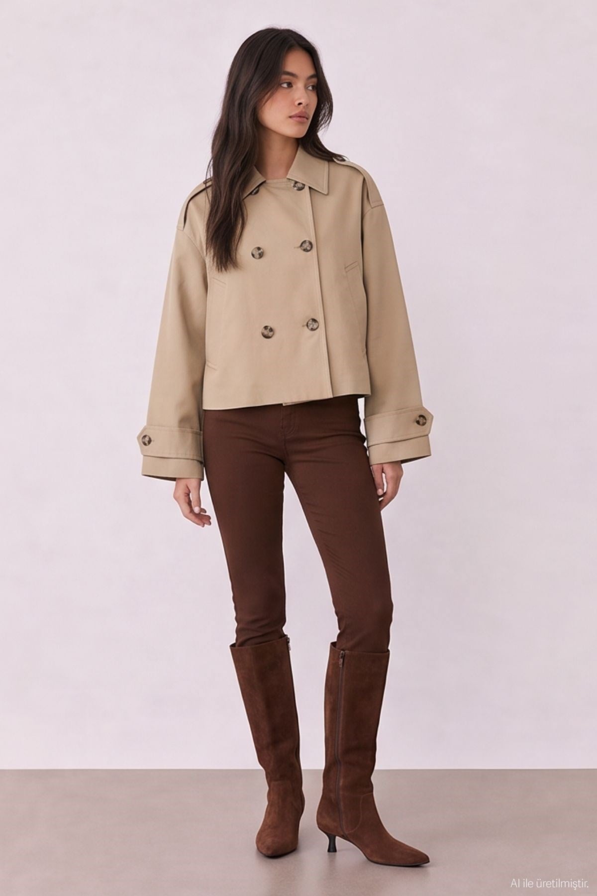 Quzu Crop Detaylı Trençkot Bej