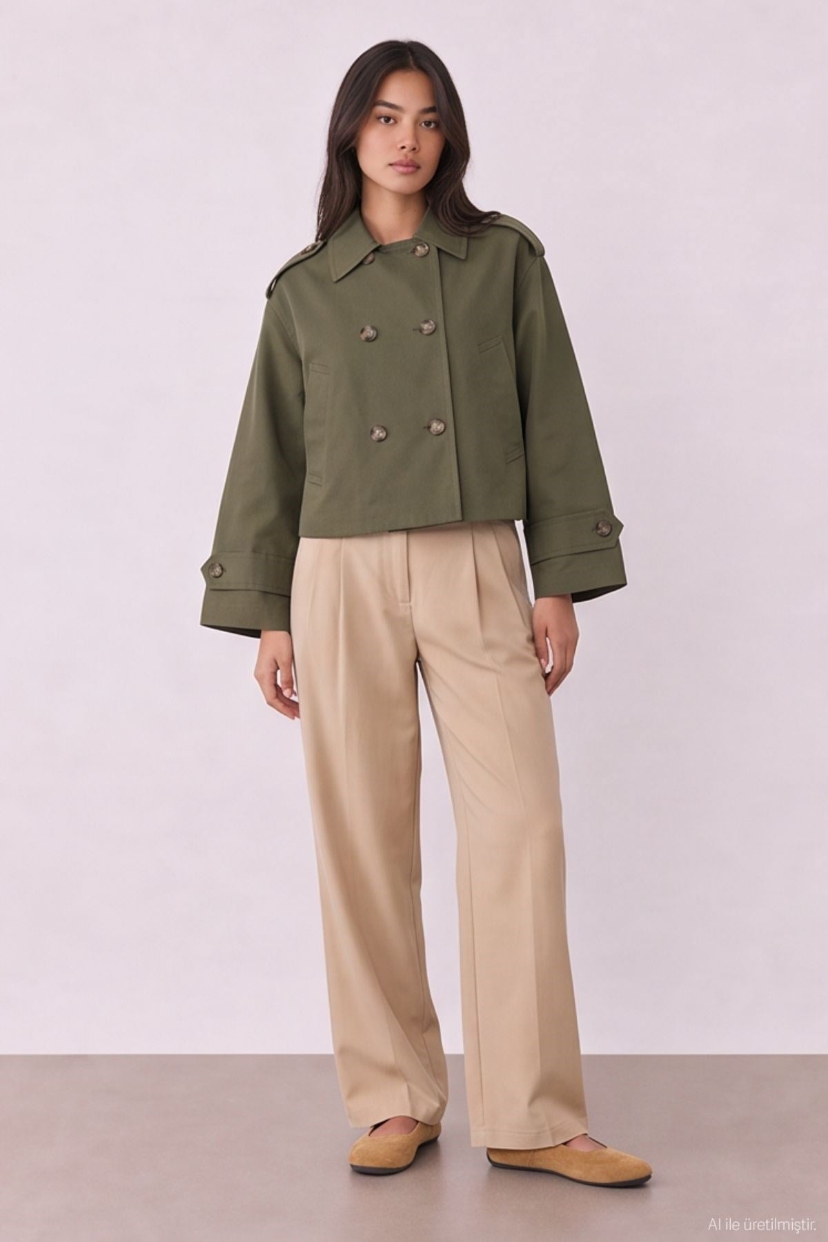 Quzu Crop Detaylı Trençkot Haki