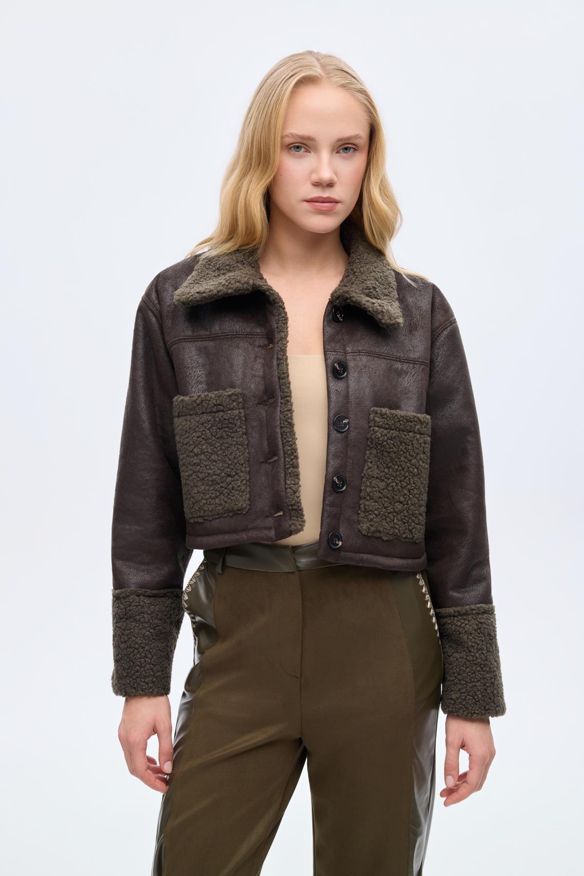 Quzu Crop Kıvırcık Mont Haki