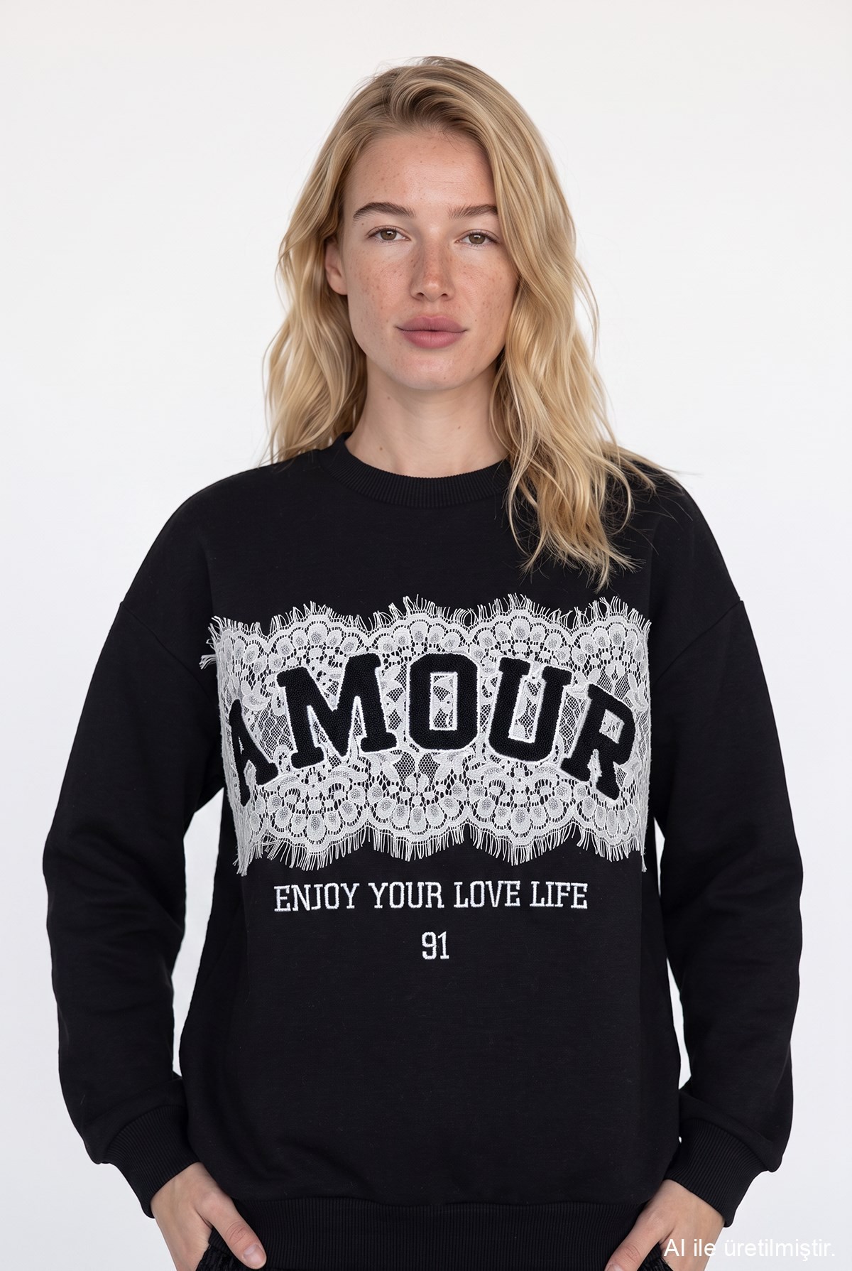 Quzu Dantel Detaylı Sweatshirt Siyah