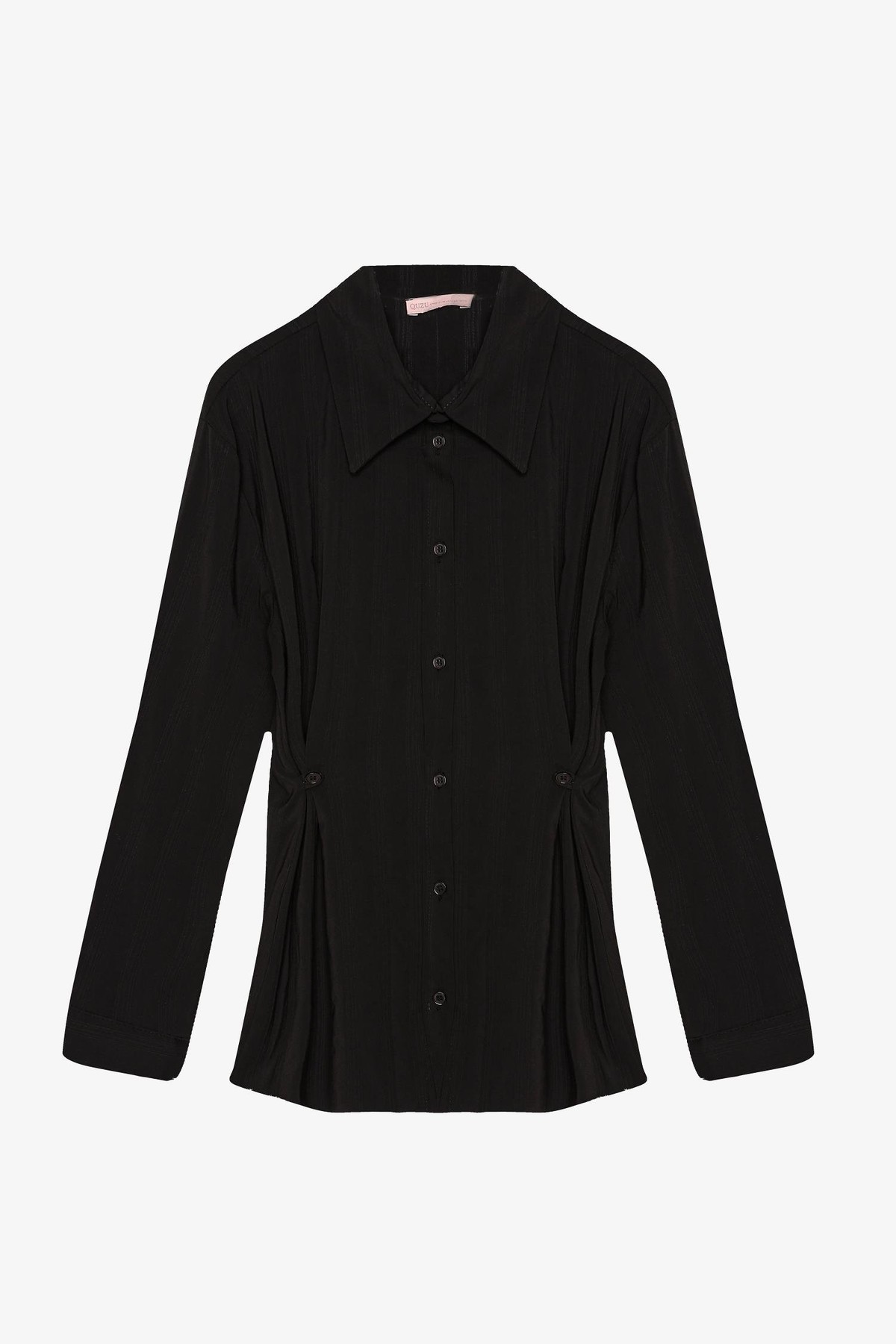 Quzu Düğme Detaylı Bele Oturan Gömlek Siyah
